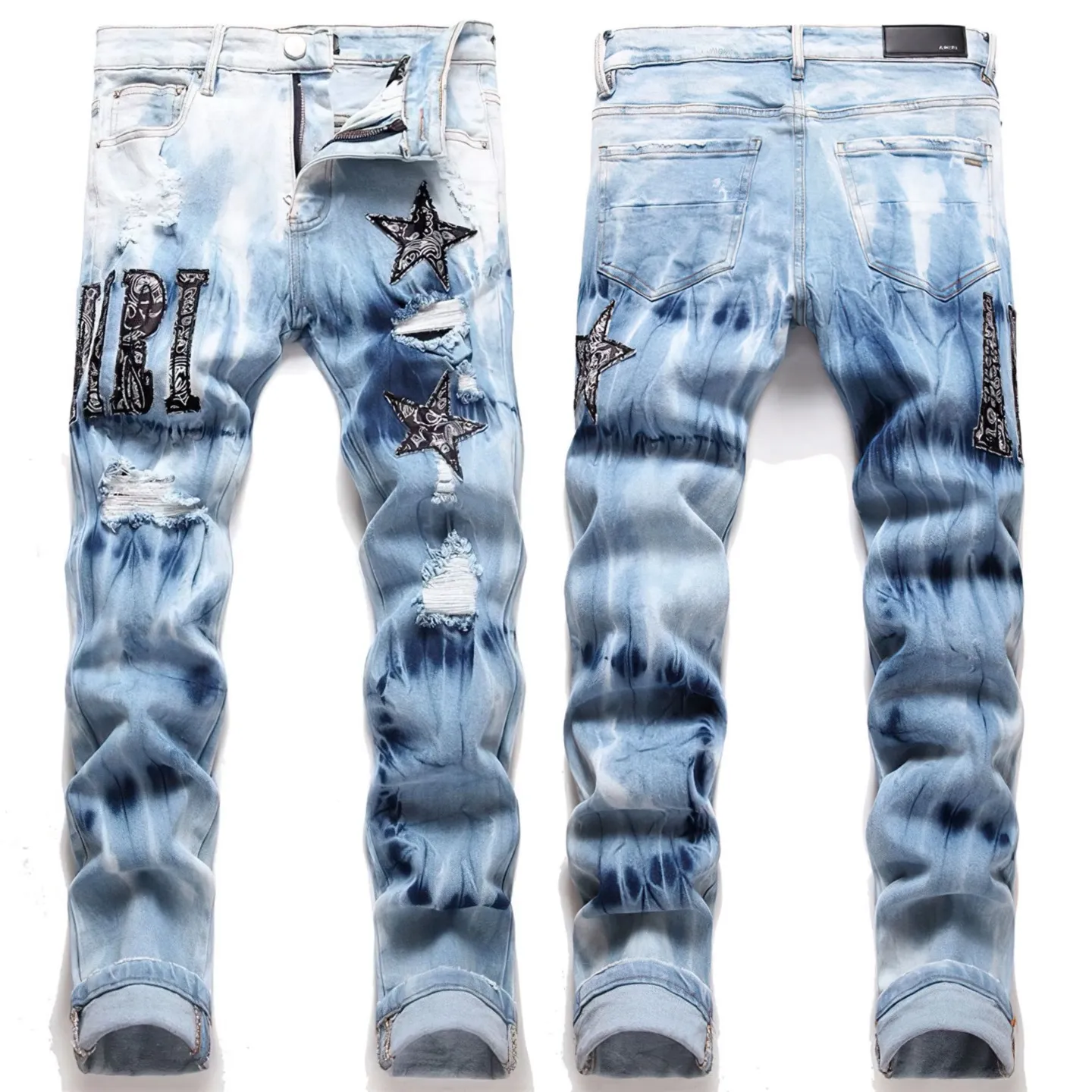 #M80 P168💰 AMIRI patch embroidery jeans trousers AMIRI high street basic ripped tight elastic jeans trousers amiri brand jeans break the production process and cutting of the original jeans, the fabrics are softer and more comfortable Hand-sewn collar label Customized logo buttons Genuine leather tag Color: Picture color Size: 30-32-34-36