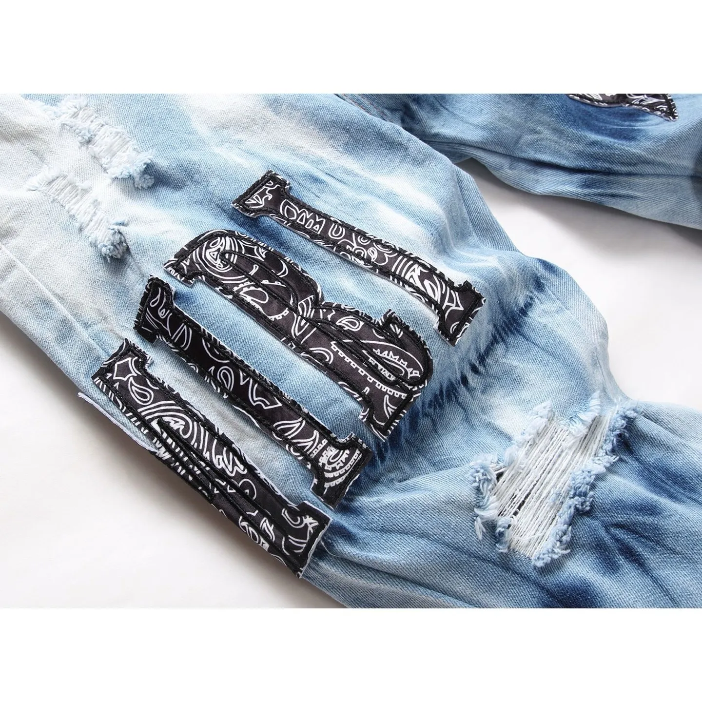 #M80 P168💰 AMIRI patch embroidery jeans trousers AMIRI high street basic ripped tight elastic jeans trousers amiri brand jeans break the production process and cutting of the original jeans, the fabrics are softer and more comfortable Hand-sewn collar label Customized logo buttons Genuine leather tag Color: Picture color Size: 30-32-34-36