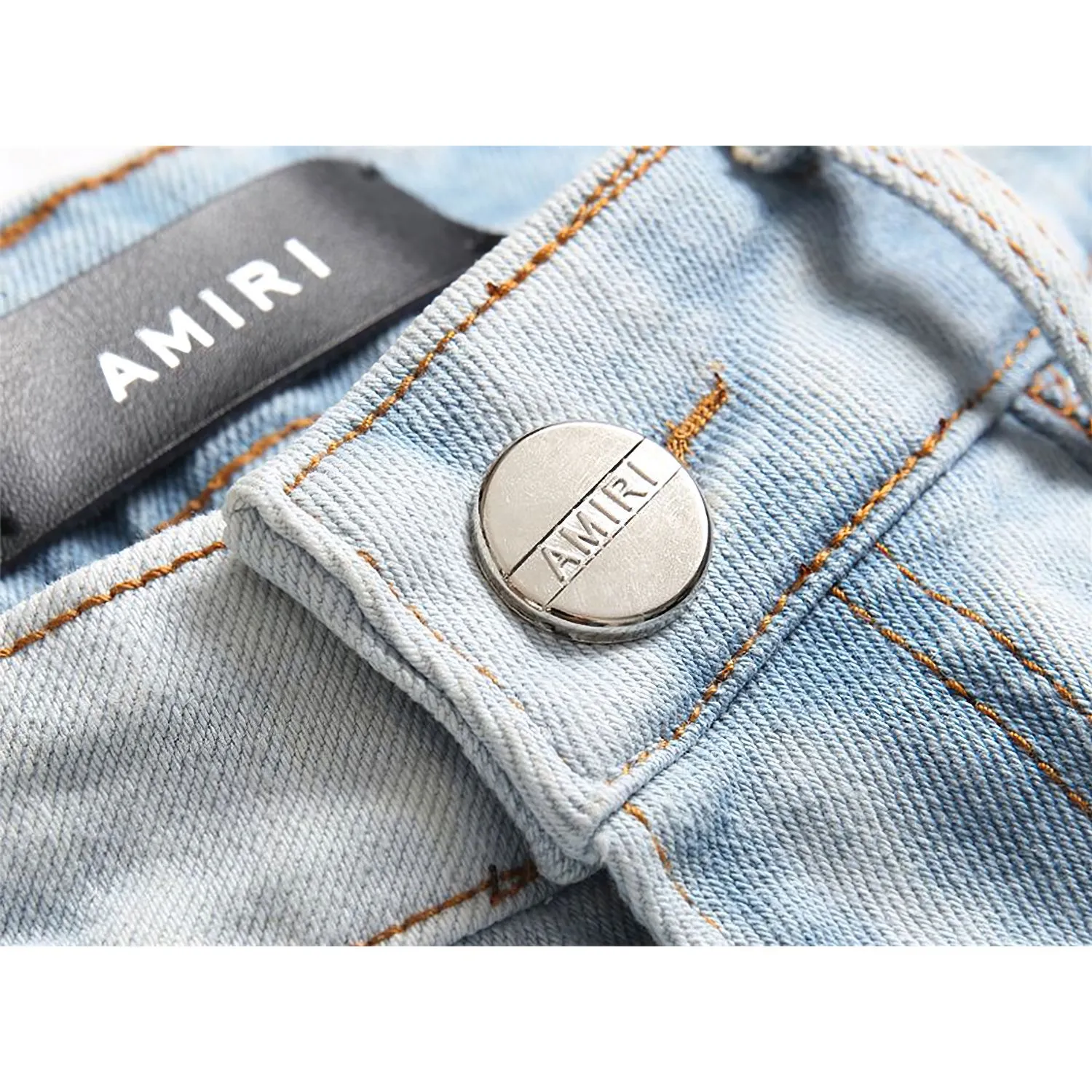 #M80 P168💰 AMIRI patch embroidery jeans trousers AMIRI high street basic ripped tight elastic jeans trousers amiri brand jeans break the production process and cutting of the original jeans, the fabrics are softer and more comfortable Hand-sewn collar label Customized logo buttons Genuine leather tag Color: Picture color Size: 30-32-34-36