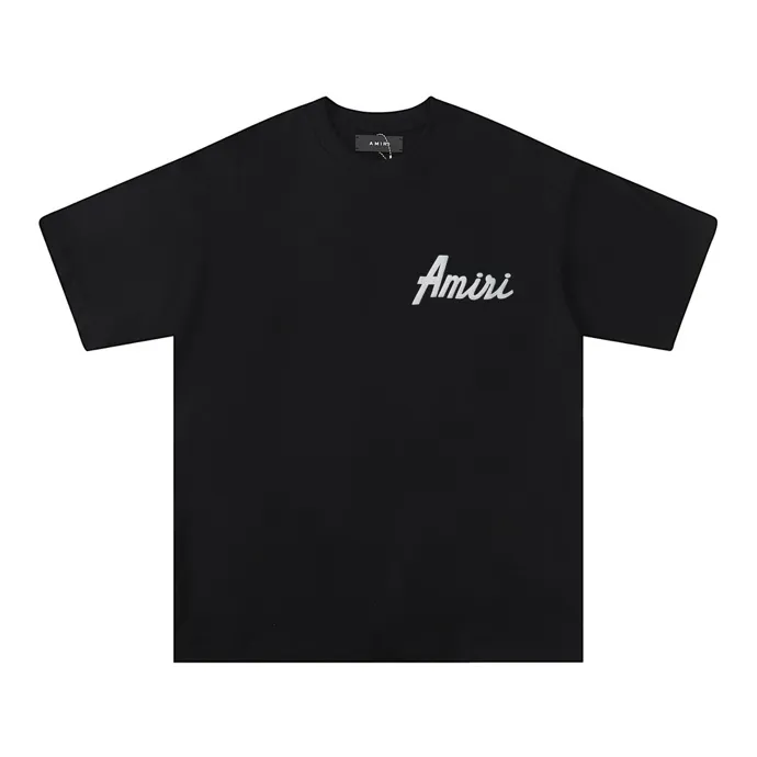 P114 Fabric: 260g double yarn, AMIRI 2025 new spring and summer new logo round neck T-shirt, high street, same style for men and women, loose classic letter foam short sleeves. Color: black. White Size: S M L XL