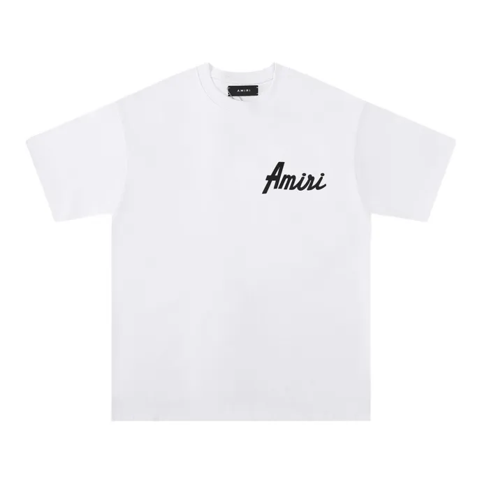 P114 Fabric: 260g double yarn, AMIRI 2025 new spring and summer new logo round neck T-shirt, high street, same style for men and women, loose classic letter foam short sleeves. Color: black. White Size: S M L XL
