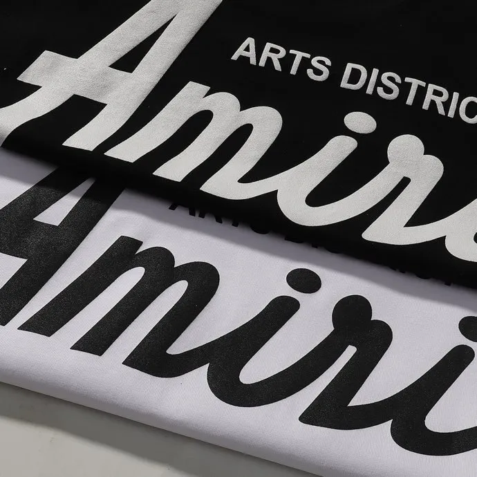P114 Fabric: 260g double yarn, AMIRI 2025 new spring and summer new logo round neck T-shirt, high street, same style for men and women, loose classic letter foam short sleeves. Color: black. White Size: S M L XL