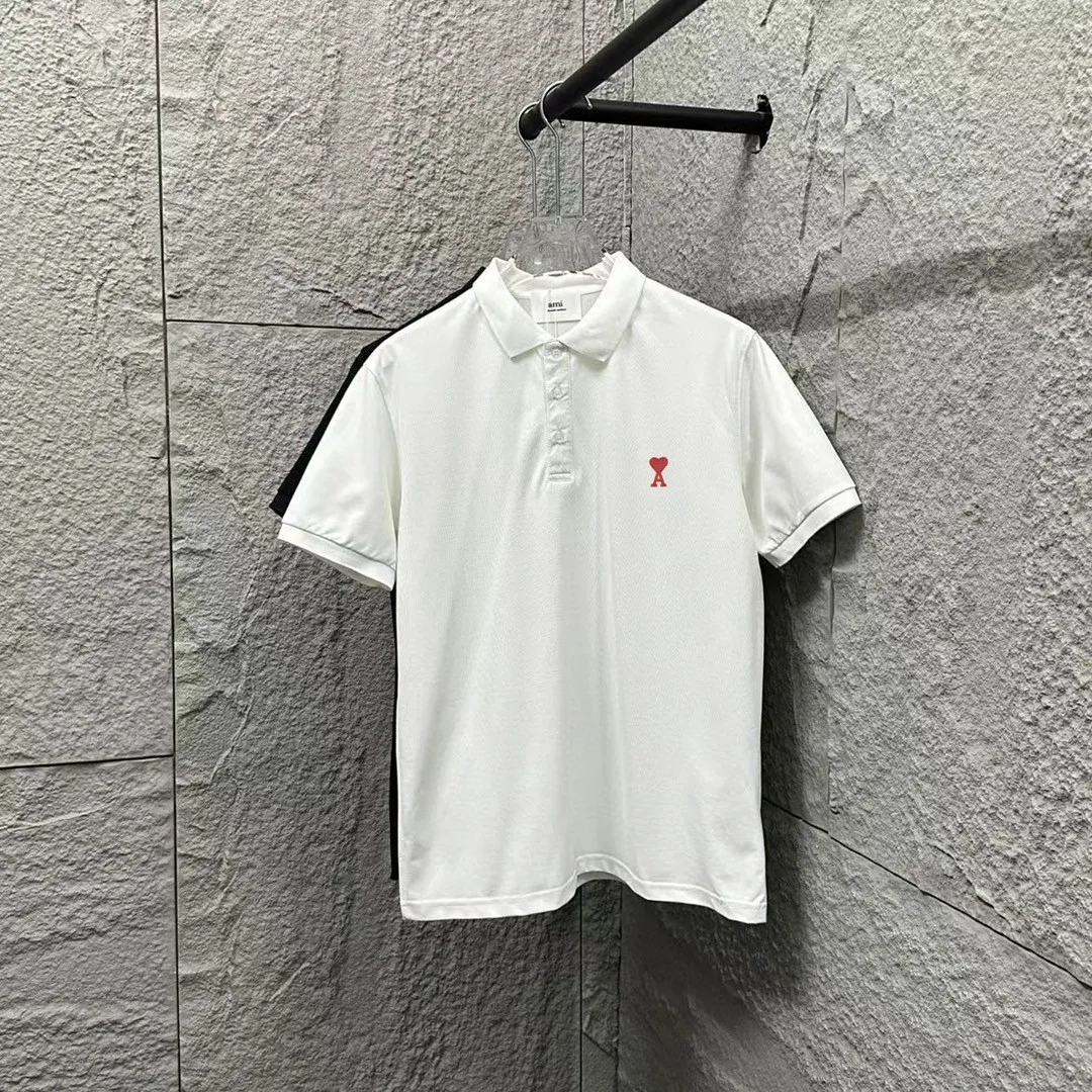 🅿️180 Ami* short-sleeved POLO 2025 spring and summer new style, simple logo small love embroidered pique fabric, short-sleeved polo stand-up collar, same style for men and women. Size: M L XL 2XL 3XL Color: black white