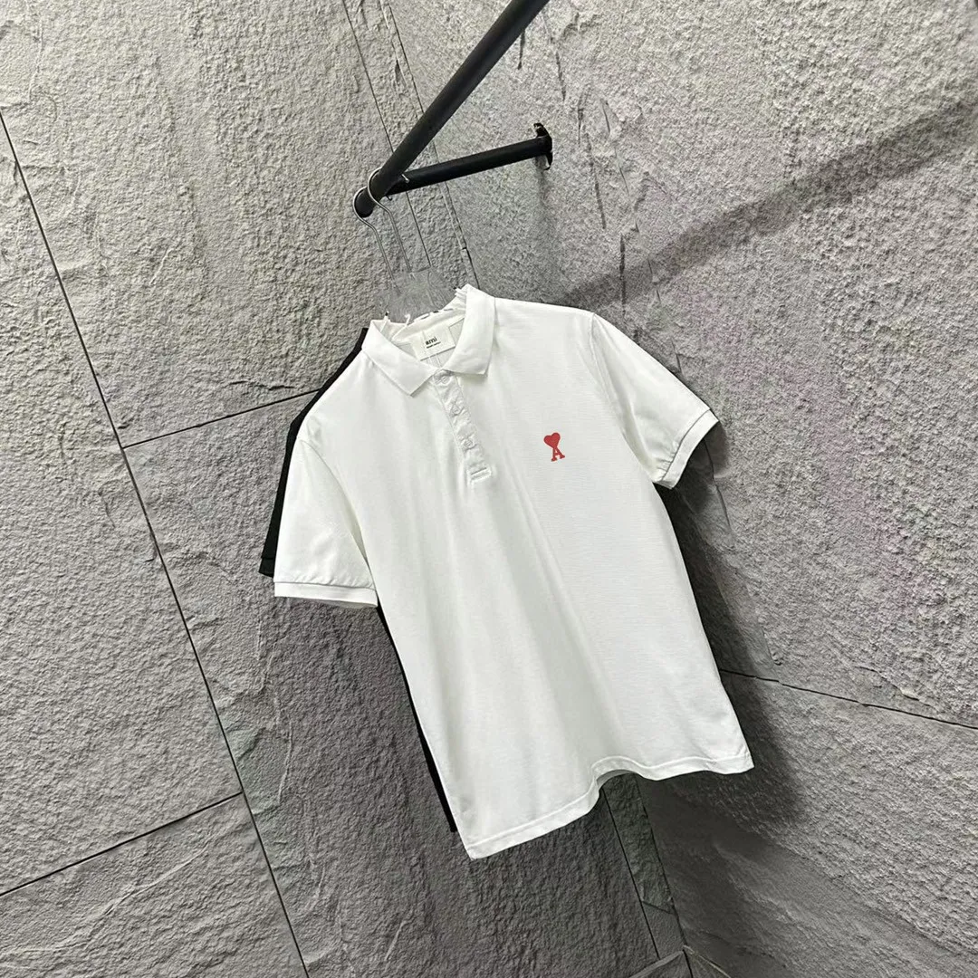 🅿️180 Ami* short-sleeved POLO 2025 spring and summer new style, simple logo small love embroidered pique fabric, short-sleeved polo stand-up collar, same style for men and women. Size: M L XL 2XL 3XL Color: black white