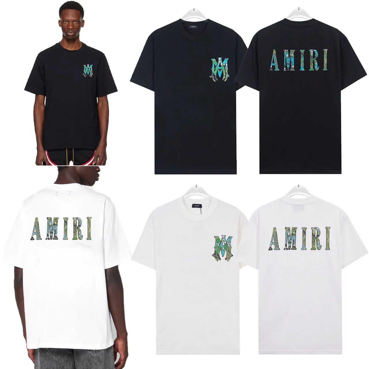 P122 889# "𝙉𝙚𝙬♈️ AMIRI" 🏖 25 autumn and winter new style, front and rear letter logo, white ink direct injection process, no touch short-sleeved T-shirt, made of 260g 32-count close double yarn cotton fabric, soft fabric.   Color: Black White Size: S M L XL XXL