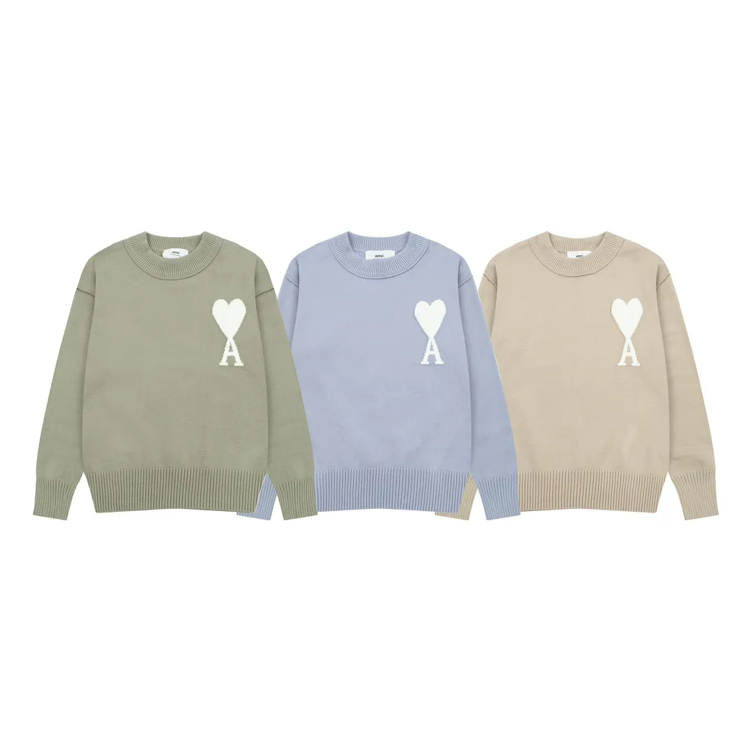 8155# Ami Paris 2024 Autumn and Winter New Arrivals, New Colors, Big Heart Jacquard, Patchwork Reverse-over Technology, Round Neck Wool Sweater, Lazy Style, Same Style for Men and Women, Oversize Color: Sky Blue, Bean Green, Apricot Code Number: S-XL