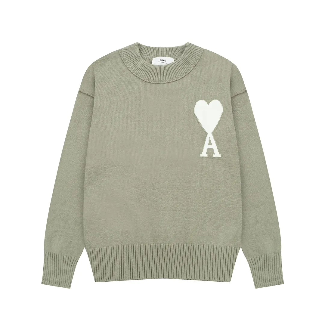 8155# Ami Paris 2024 Autumn and Winter New Arrivals, New Colors, Big Heart Jacquard, Patchwork Reverse-over Technology, Round Neck Wool Sweater, Lazy Style, Same Style for Men and Women, Oversize Color: Sky Blue, Bean Green, Apricot Code Number: S-XL