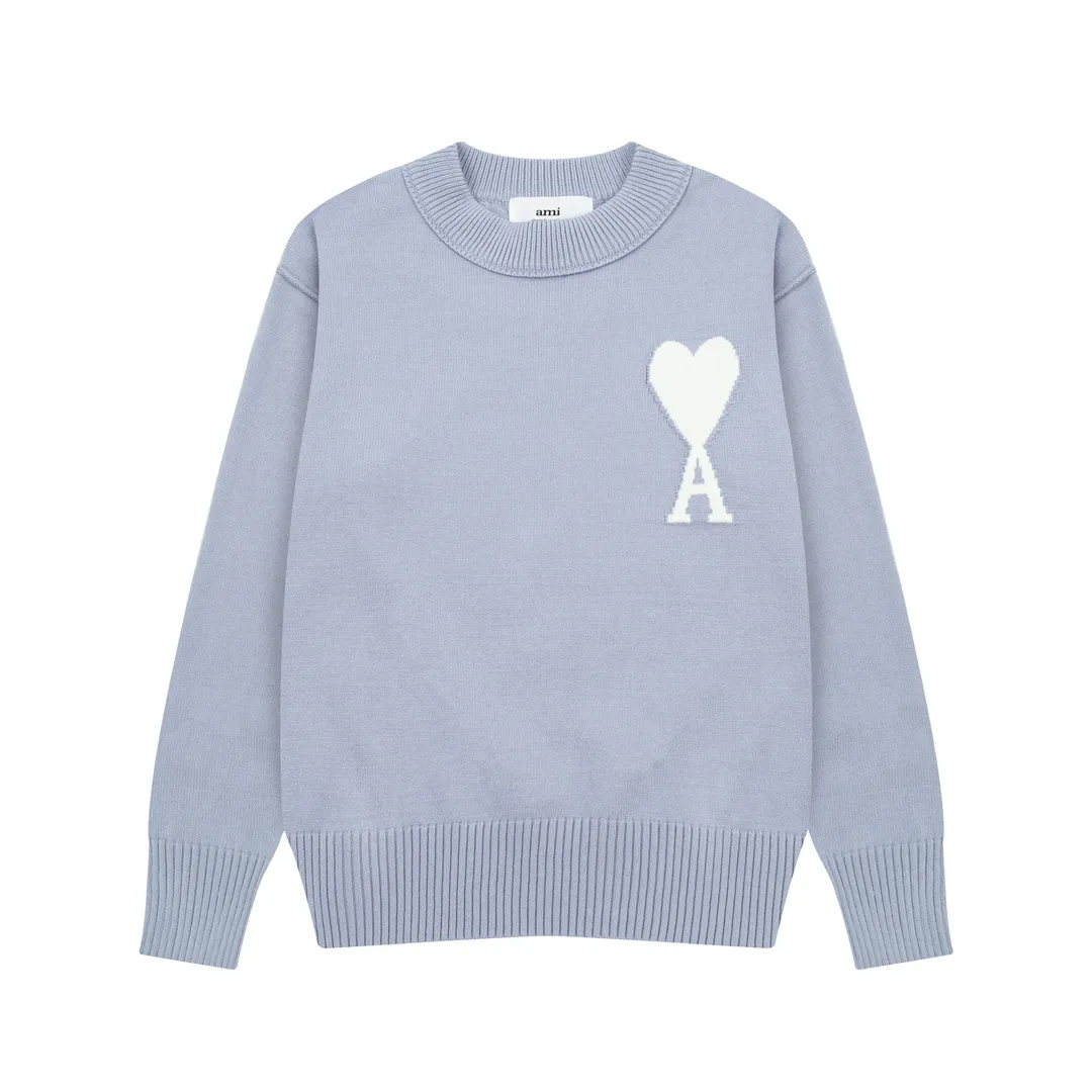 8155# Ami Paris 2024 Autumn and Winter New Arrivals, New Colors, Big Heart Jacquard, Patchwork Reverse-over Technology, Round Neck Wool Sweater, Lazy Style, Same Style for Men and Women, Oversize Color: Sky Blue, Bean Green, Apricot Code Number: S-XL