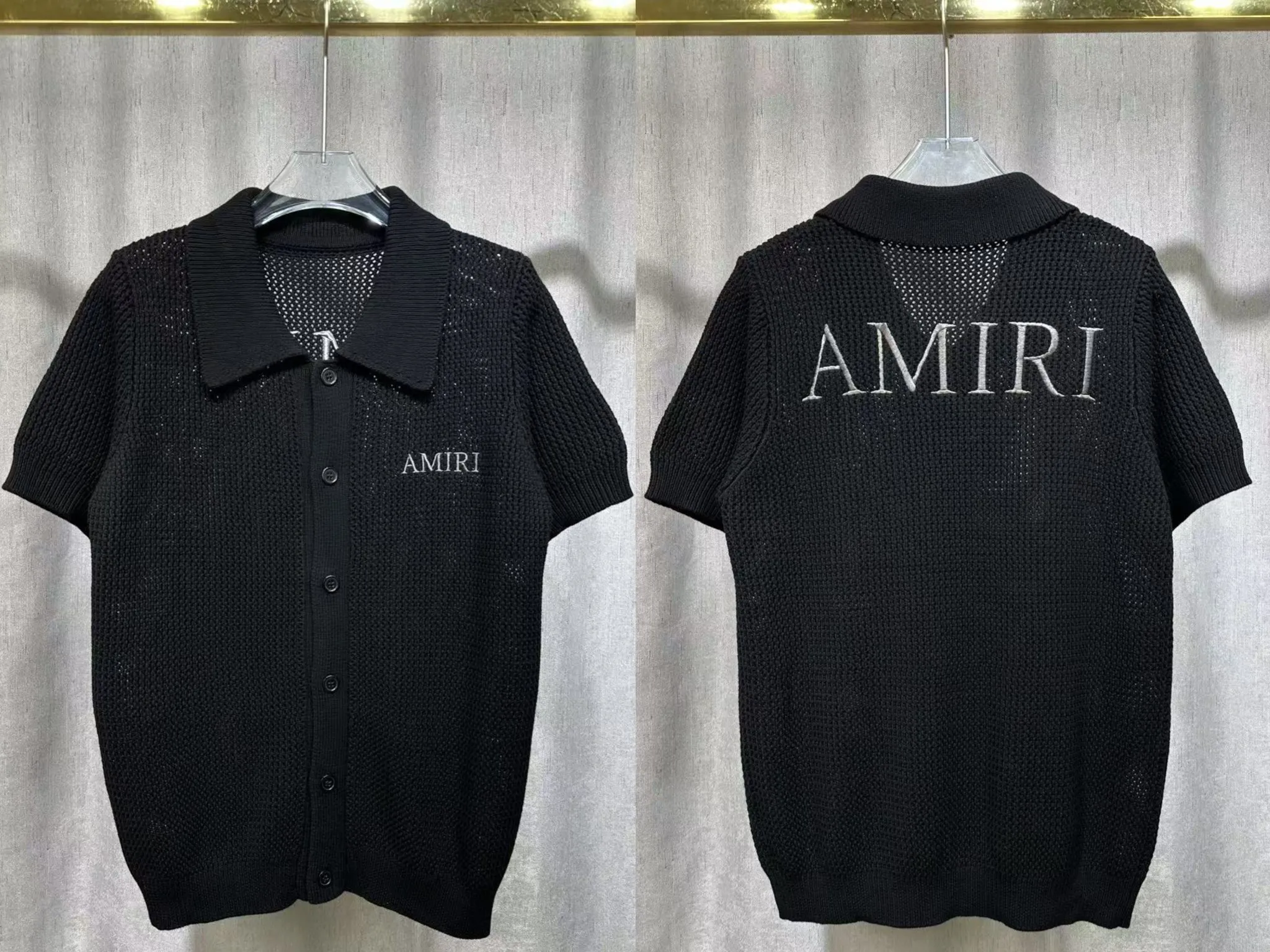 P260 2025 AMIRI new summer sweater fabric POLO collar cardigan short sleeves classic logo embroidery on the front and back 🈵hollow body heavy craftsmanship Color: Black Size: S M L XL XXL