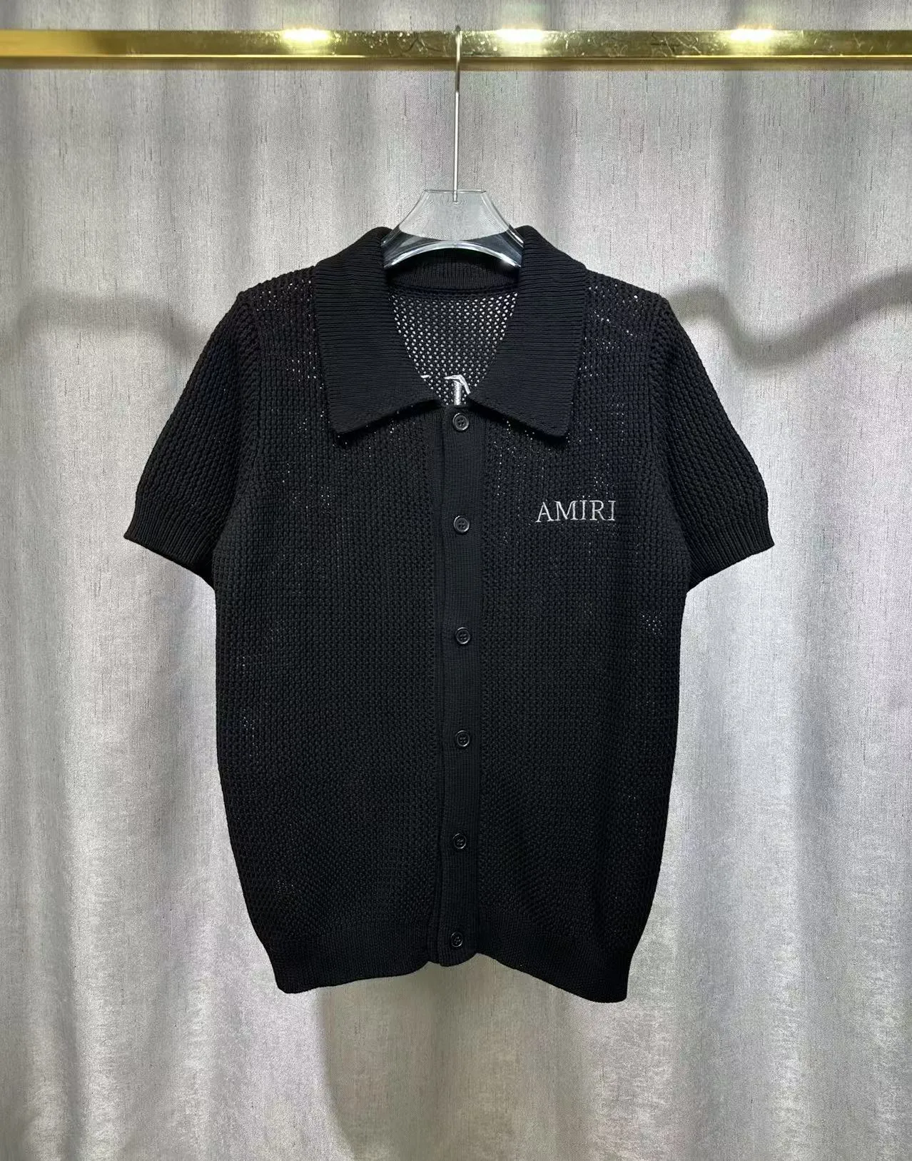 P260 2025 AMIRI new summer sweater fabric POLO collar cardigan short sleeves classic logo embroidery on the front and back 🈵hollow body heavy craftsmanship Color: Black Size: S M L XL XXL