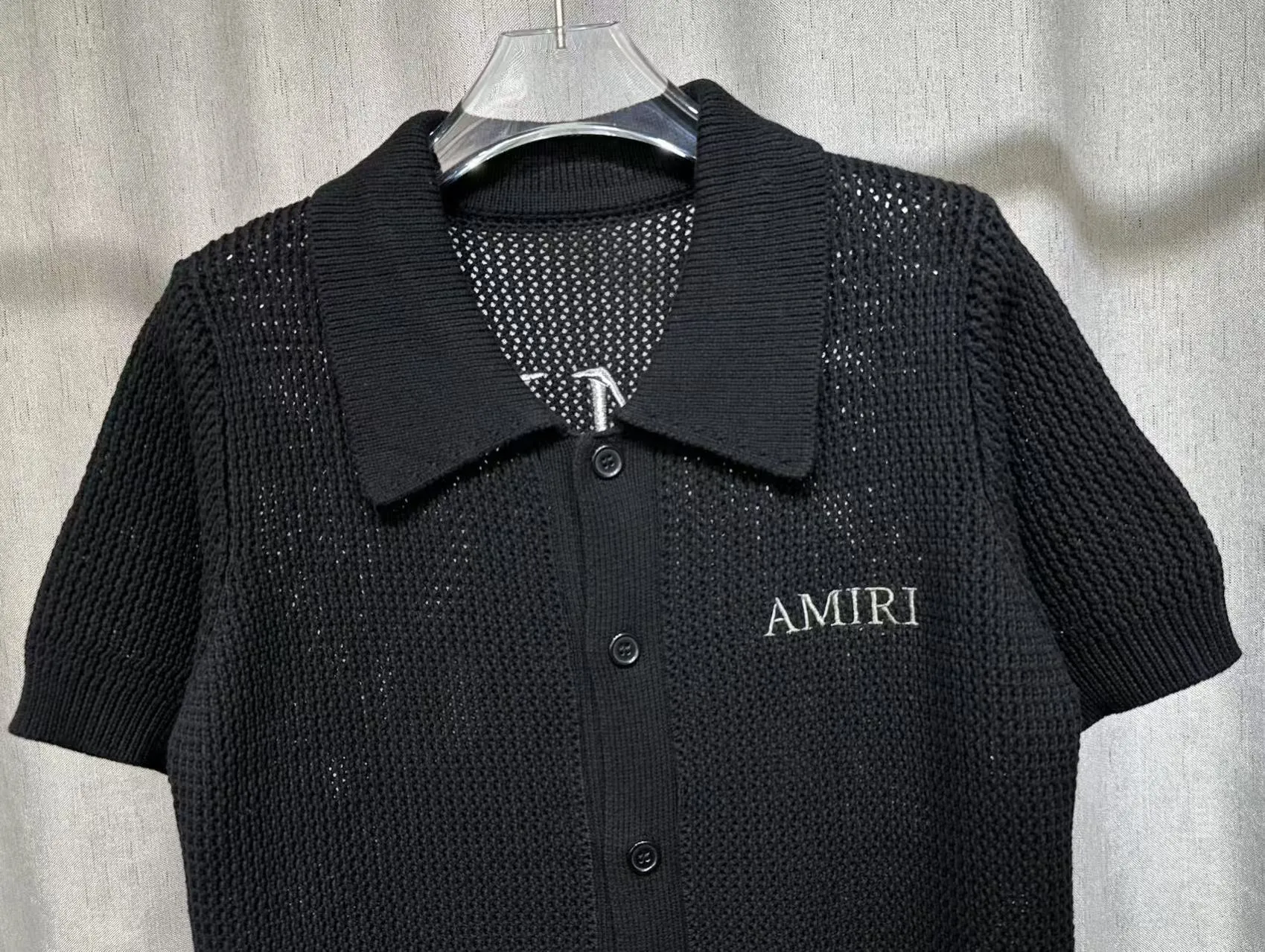 P260 2025 AMIRI new summer sweater fabric POLO collar cardigan short sleeves classic logo embroidery on the front and back 🈵hollow body heavy craftsmanship Color: Black Size: S M L XL XXL