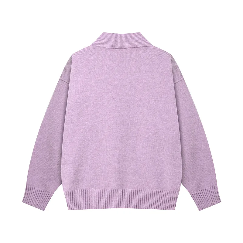 Ami Paris2025 early spring new product big love ADC jacquard wool patchwork reverse sleeve technology Ami De Coeur polo collar pullover sweater same style for men and women Oversize version Color: light gray lilac Size: S-XL