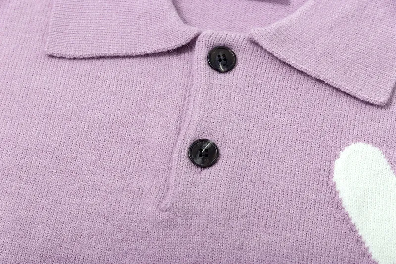Ami Paris2025 early spring new product big love ADC jacquard wool patchwork reverse sleeve technology Ami De Coeur polo collar pullover sweater same style for men and women Oversize version Color: light gray lilac Size: S-XL
