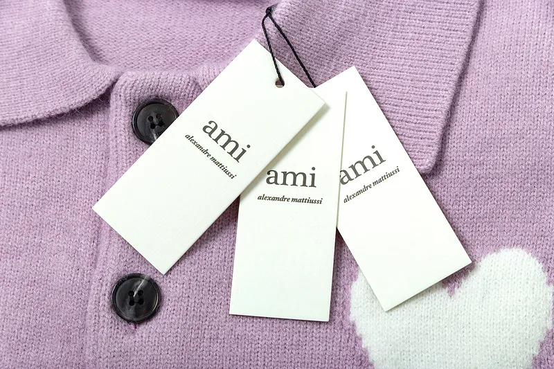 Ami Paris2025 early spring new product big love ADC jacquard wool patchwork reverse sleeve technology Ami De Coeur polo collar pullover sweater same style for men and women Oversize version Color: light gray lilac Size: S-XL