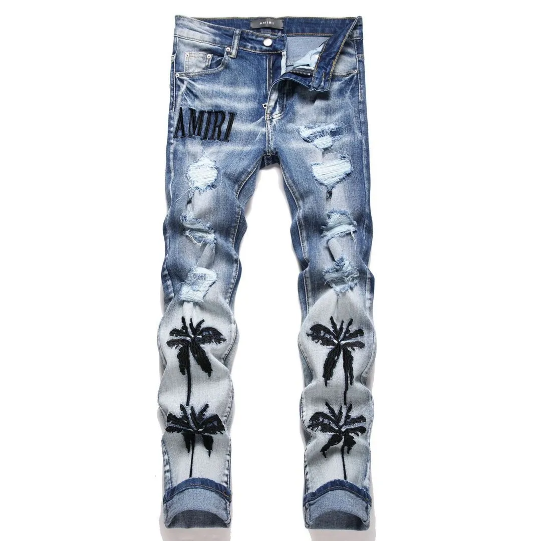 #M52 P168💰 Independent AMIRI coconut tree embroidery jeans trousers AMIRI high street basic ripped tight elastic jeans trousers amiri brand jeans break the production process and cutting of the original jeans, the fabrics are softer and more comfortable Hand-sewn collar label Customized logo buttons Genuine leather tag Color: light blue Size: 30-32-34-36