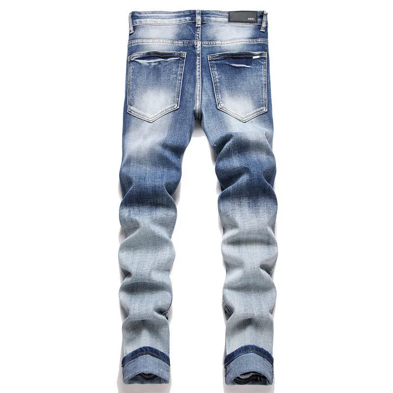 #M52 P168💰 Independent AMIRI coconut tree embroidery jeans trousers AMIRI high street basic ripped tight elastic jeans trousers amiri brand jeans break the production process and cutting of the original jeans, the fabrics are softer and more comfortable Hand-sewn collar label Customized logo buttons Genuine leather tag Color: light blue Size: 30-32-34-36