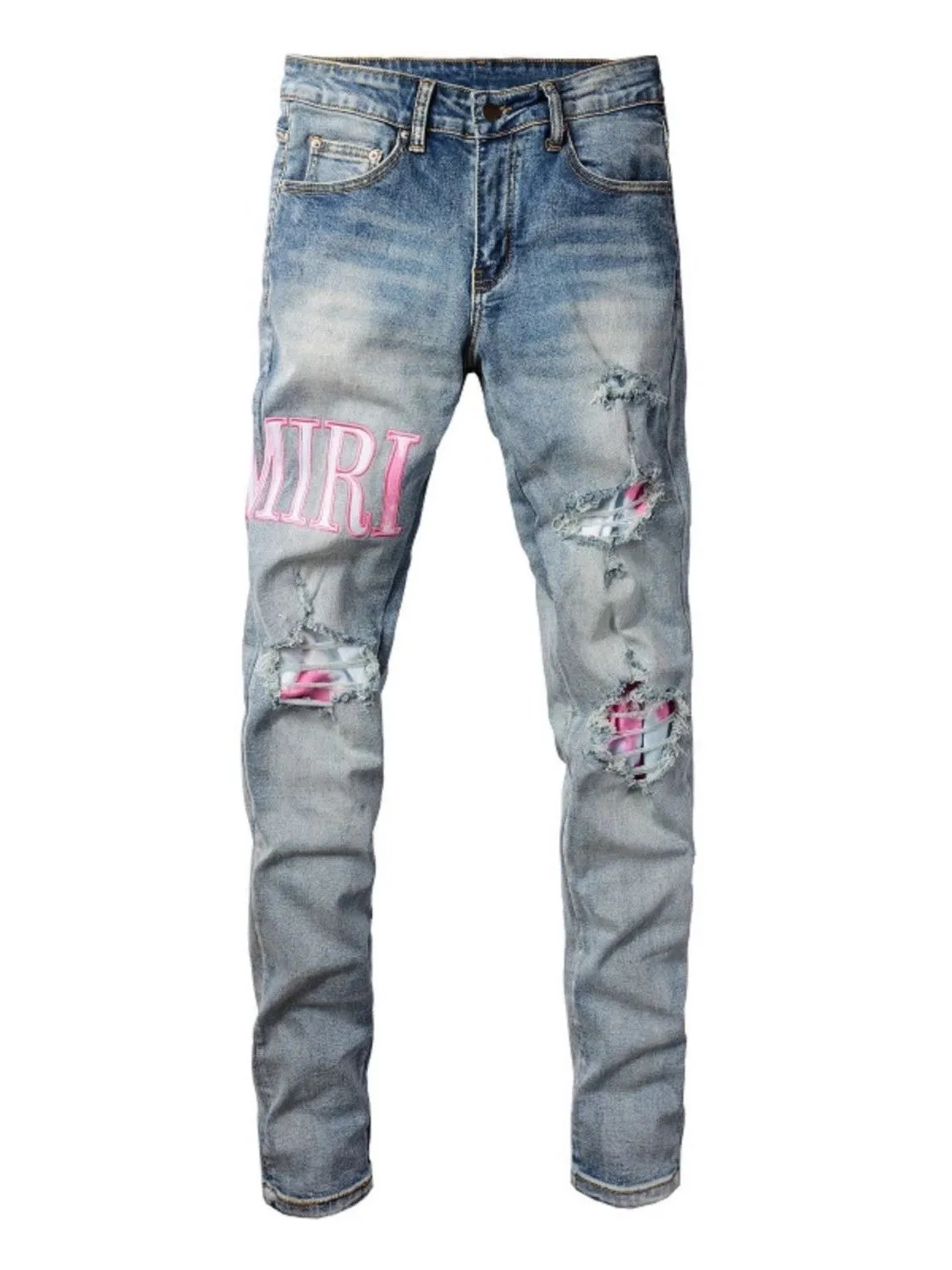 #M33 P168💰 Amiri classic embroidered patched leather ripped letter jeans, slim fit jeans, produced by a major washed factory, full of high-end feel, partially destroyed knee design with patchwork leather design, has been used as a facade design, leather waist nameplate, the focus of this style is not on the washing, but on the destroyed shape and version. The secret lies in the craftsmanship of the master. The cost of post-processing, grinding, cutting, etc. is far beyond the cost of assembly line products. Color: Picture color Size: 30-32-34-36