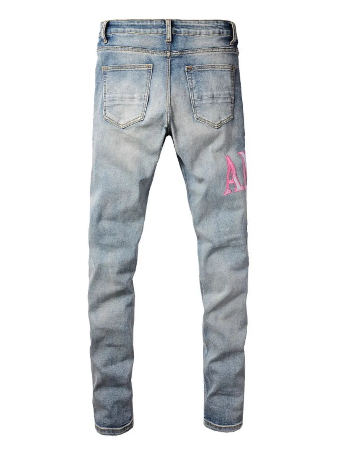 #M33 P168💰 Amiri classic embroidered patched leather ripped letter jeans, slim fit jeans, produced by a major washed factory, full of high-end feel, partially destroyed knee design with patchwork leather design, has been used as a facade design, leather waist nameplate, the focus of this style is not on the washing, but on the destroyed shape and version. The secret lies in the craftsmanship of the master. The cost of post-processing, grinding, cutting, etc. is far beyond the cost of assembly line products. Color: Picture color Size: 30-32-34-36