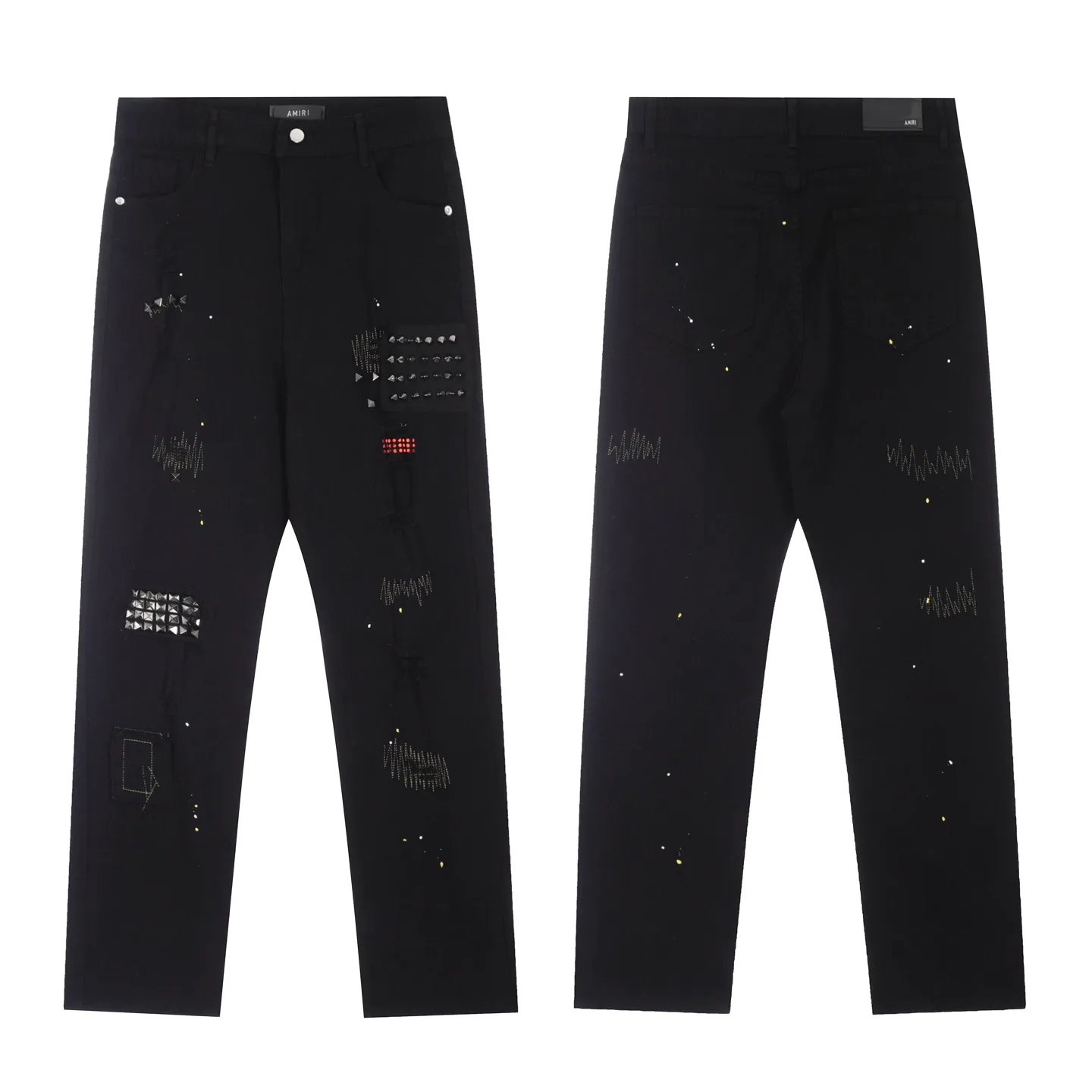 #M43 P168💰 Amiri classic diamond-encrusted ripped jeans and slim fit pants. Produced by a major washed factory. Full of high-end feel. Partial damage to the knees and leather design. Already used as a facade design. Leather waist nameplate. The focus of this style is not on washing, but on the shape and version of the damage. The secret lies in the craftsmanship of the master. The cost of post-production fraying, horse cutting, knife cutting, etc. These hand-made products are far beyond comparison with assembly line products. Color: Picture color Size: 30-32-34-36