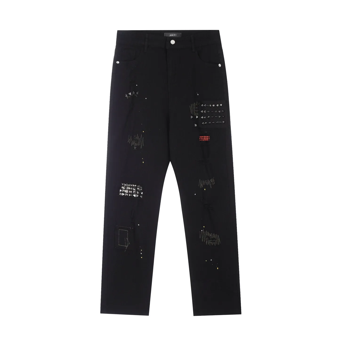 #M43 P168💰 Amiri classic diamond-encrusted ripped jeans and slim fit pants. Produced by a major washed factory. Full of high-end feel. Partial damage to the knees and leather design. Already used as a facade design. Leather waist nameplate. The focus of this style is not on washing, but on the shape and version of the damage. The secret lies in the craftsmanship of the master. The cost of post-production fraying, horse cutting, knife cutting, etc. These hand-made products are far beyond comparison with assembly line products. Color: Picture color Size: 30-32-34-36