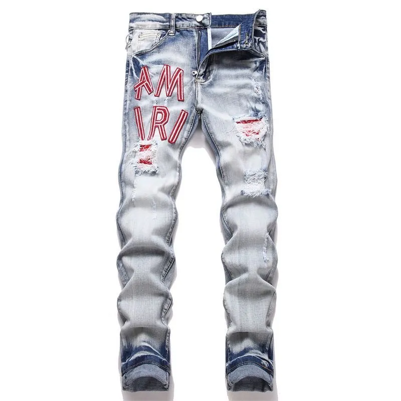 #M10 P168💰 AMIRI patch embroidery jeans trousers AMIRI high street basic ripped tight elastic jeans trousers amiri brand jeans break the production process and cutting of the original jeans, the fabrics are softer and more comfortable Hand-sewn collar label Customized logo buttons Genuine leather tag Color: Picture color Size: 30-32-34-36