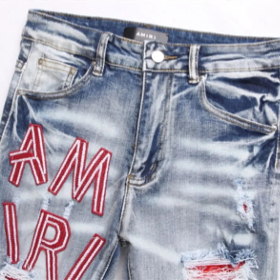 #M10 P168💰 AMIRI patch embroidery jeans trousers AMIRI high street basic ripped tight elastic jeans trousers amiri brand jeans break the production process and cutting of the original jeans, the fabrics are softer and more comfortable Hand-sewn collar label Customized logo buttons Genuine leather tag Color: Picture color Size: 30-32-34-36