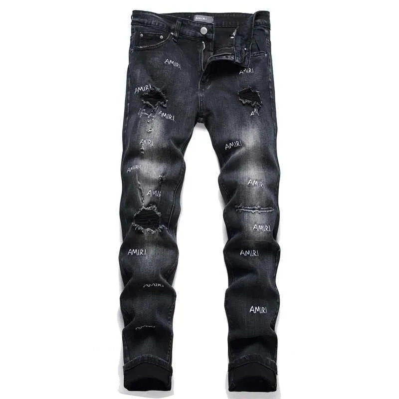 #M73 P168💰 AMIRI patch embroidery jeans trousers AMIRI high street basic ripped tight elastic jeans trousers amiri brand jeans break the production process and cutting of the original jeans, the fabrics are softer and more comfortable Hand-sewn collar label Customized logo buttons Genuine leather tag Color: Picture color Size: 30-32-34-36