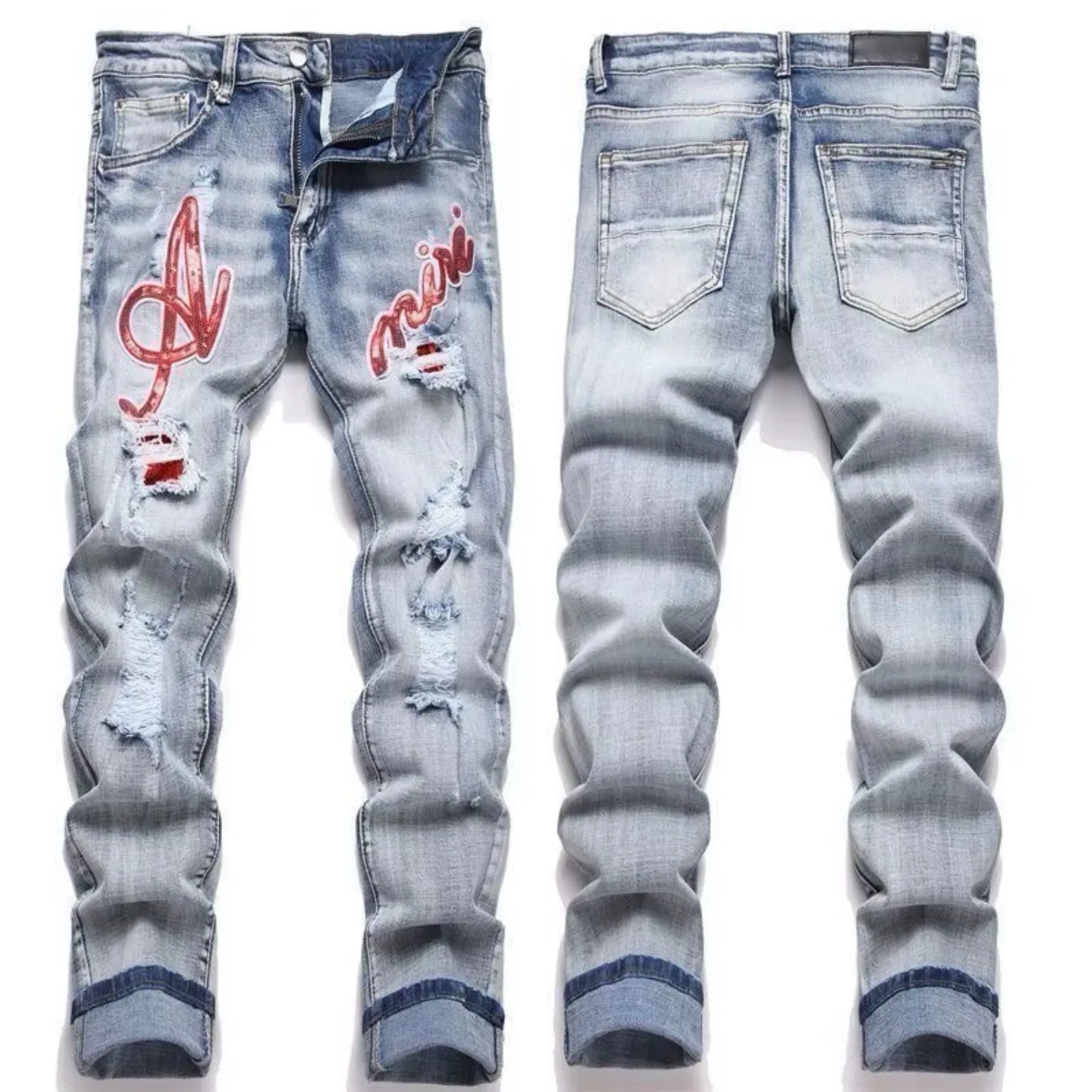 #N03 P186💰 AMIRI patch embroidery jeans trousers AMIRI high street basic ripped tight elastic jeans trousers amiri brand jeans break the production process and cutting of the original jeans, the fabrics are softer and more comfortable Hand-sewn collar label Customized logo buttons Genuine leather tag Color: Picture color Size: 30-32-34-36