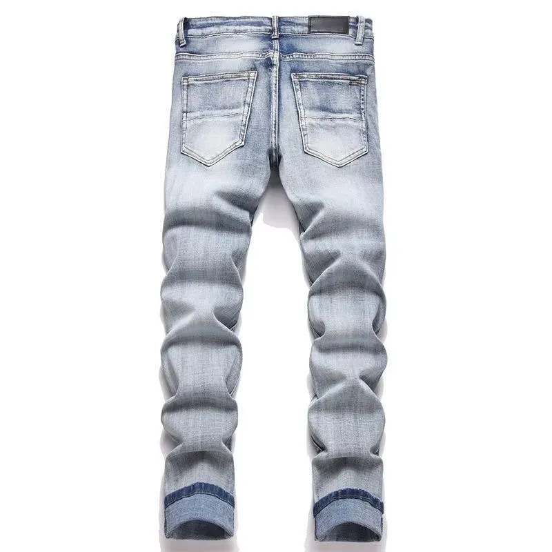 #N03 P186💰 AMIRI patch embroidery jeans trousers AMIRI high street basic ripped tight elastic jeans trousers amiri brand jeans break the production process and cutting of the original jeans, the fabrics are softer and more comfortable Hand-sewn collar label Customized logo buttons Genuine leather tag Color: Picture color Size: 30-32-34-36
