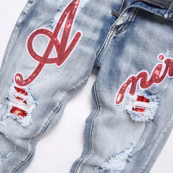 #N03 P186💰 AMIRI patch embroidery jeans trousers AMIRI high street basic ripped tight elastic jeans trousers amiri brand jeans break the production process and cutting of the original jeans, the fabrics are softer and more comfortable Hand-sewn collar label Customized logo buttons Genuine leather tag Color: Picture color Size: 30-32-34-36