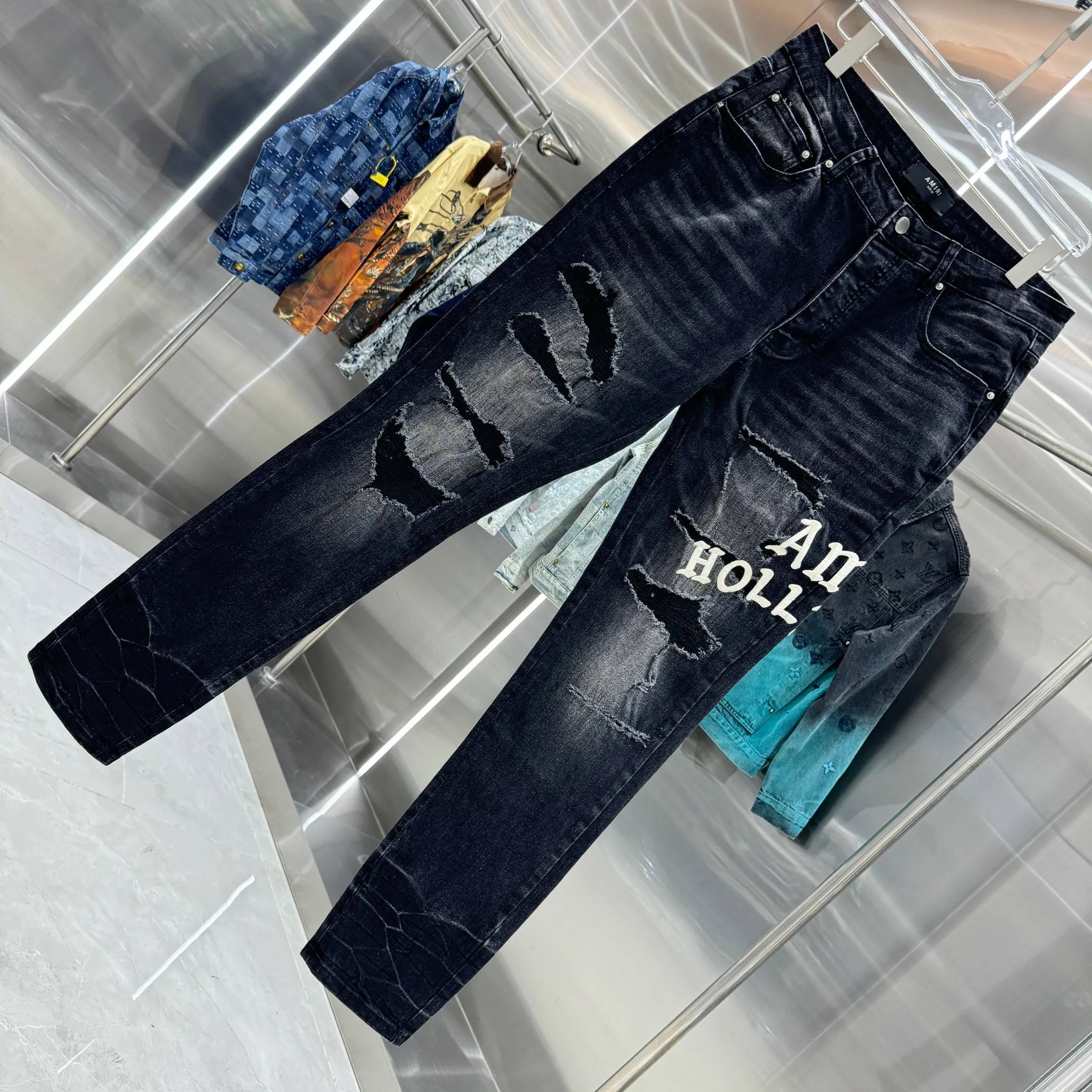 P290 Amiri ripped embroidery pattern craft street fashion slim fit stretch jeans Color Black Size 30 32 34 36 38