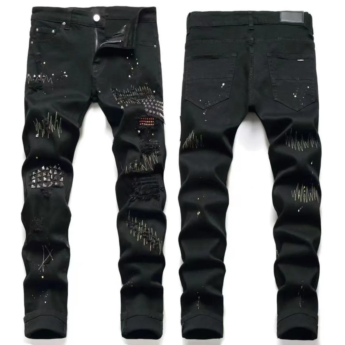 #M43 P168💰 Amiri classic diamond-encrusted ripped jeans and slim fit pants. Produced by a major washed factory. Full of high-end feel. Partial damage to the knees and leather design. Already used as a facade design. Leather waist nameplate. The focus of this style is not on washing, but on the shape and version of the damage. The secret lies in the craftsmanship of the master. The cost of post-production fraying, horse cutting, knife cutting, etc. These hand-made products are far beyond comparison with assembly line products. Color: Picture color Size: 30-32-34-36