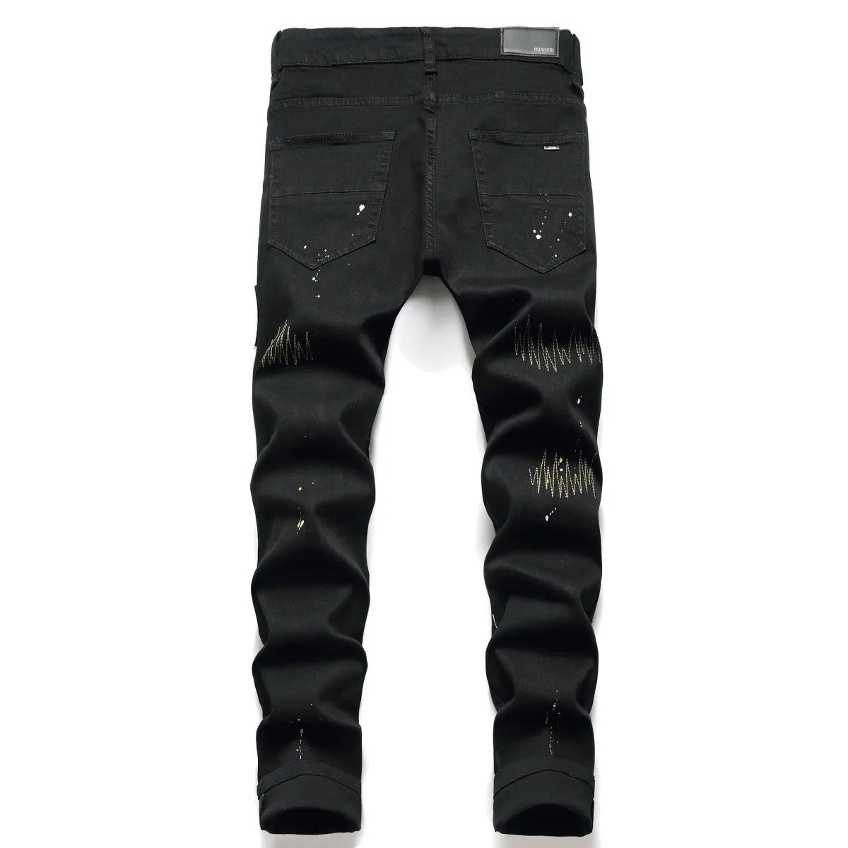 #M43 P168💰 Amiri classic diamond-encrusted ripped jeans and slim fit pants. Produced by a major washed factory. Full of high-end feel. Partial damage to the knees and leather design. Already used as a facade design. Leather waist nameplate. The focus of this style is not on washing, but on the shape and version of the damage. The secret lies in the craftsmanship of the master. The cost of post-production fraying, horse cutting, knife cutting, etc. These hand-made products are far beyond comparison with assembly line products. Color: Picture color Size: 30-32-34-36