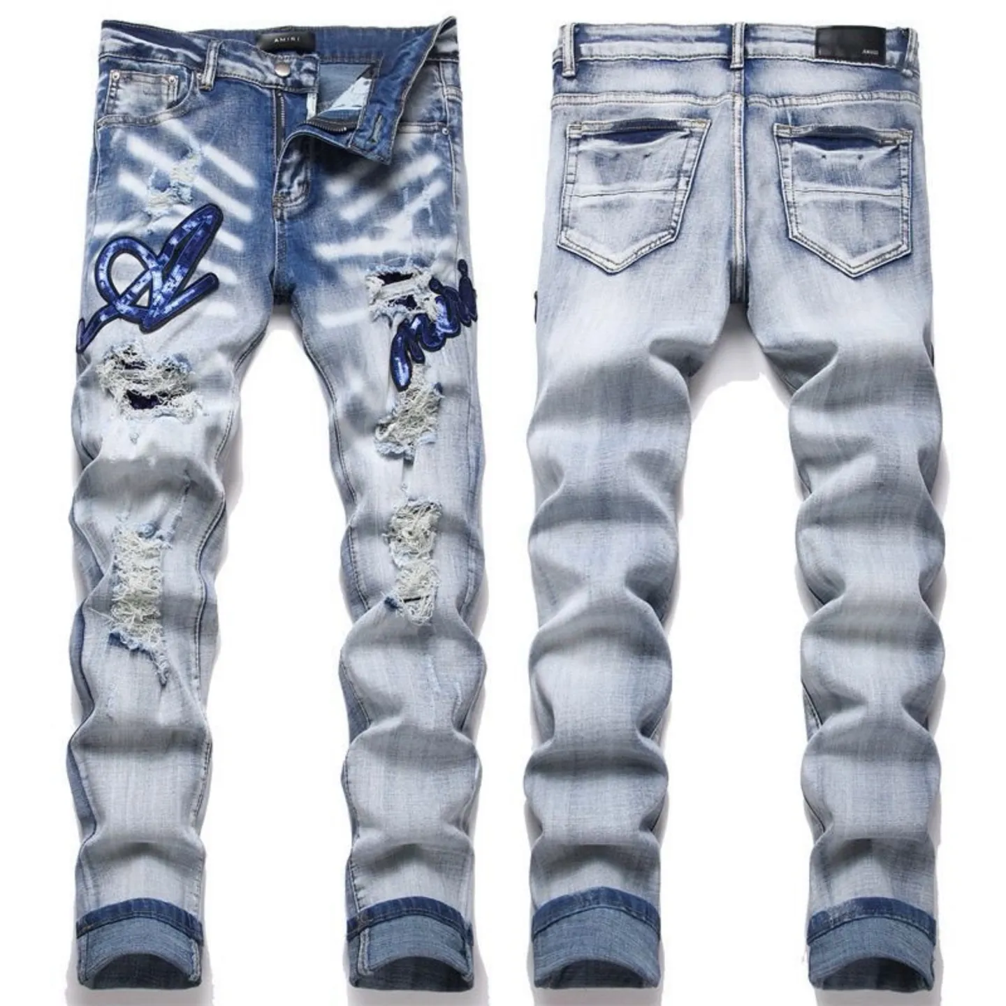 P186 💰 AMIRI patch embroidery jeans trousers AMIRI high street basic ripped tight elastic jeans trousers amiri brand jeans break the production process and cutting of the original jeans, the fabrics are softer and more comfortable Hand-sewn collar label Customized logo buttons Genuine leather tag Color: Picture color Size: 30-32-34-36