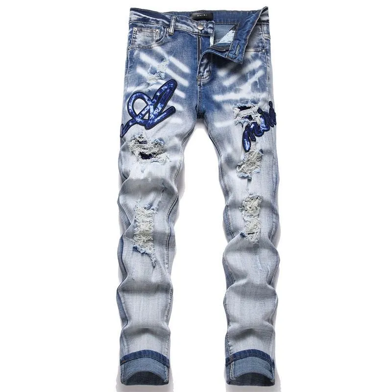 P186 💰 AMIRI patch embroidery jeans trousers AMIRI high street basic ripped tight elastic jeans trousers amiri brand jeans break the production process and cutting of the original jeans, the fabrics are softer and more comfortable Hand-sewn collar label Customized logo buttons Genuine leather tag Color: Picture color Size: 30-32-34-36