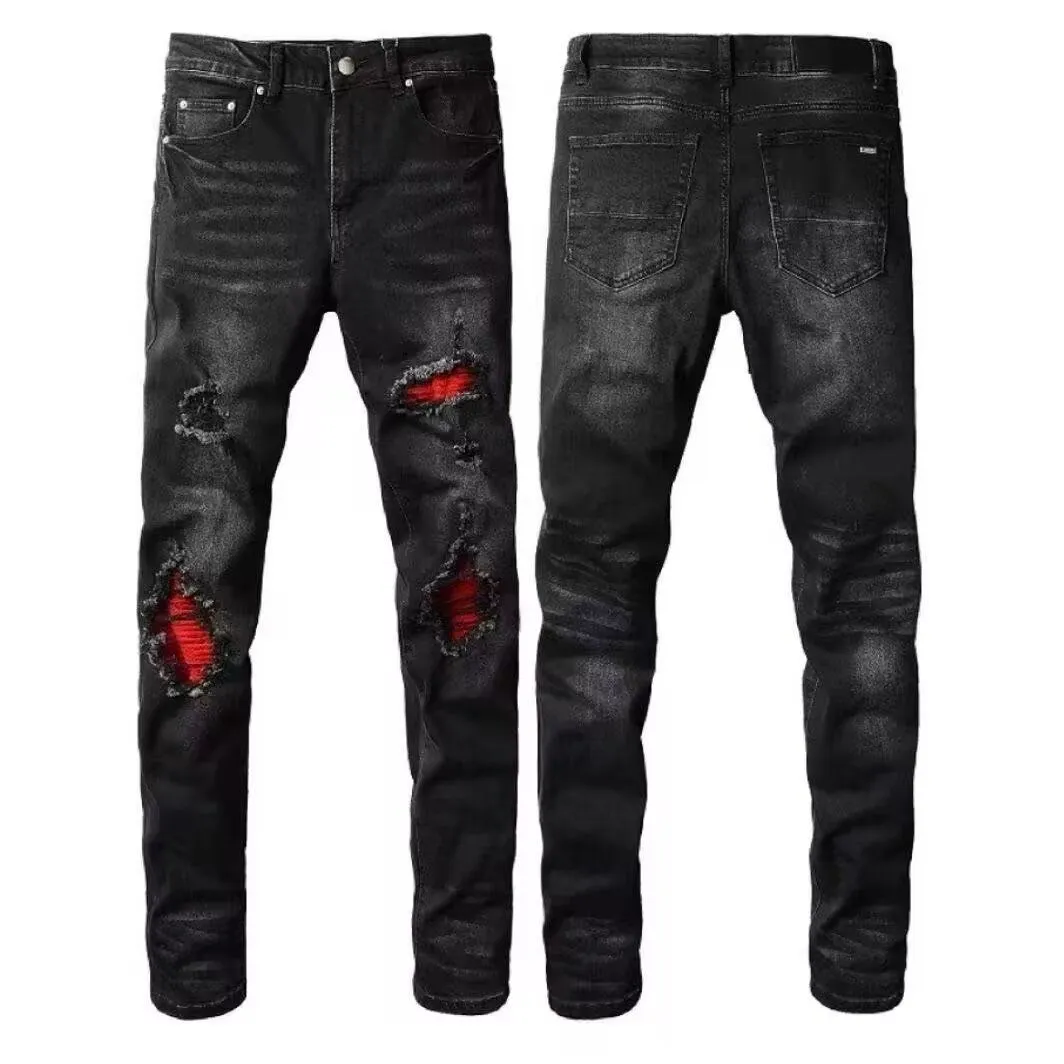 #M51 P168💰 AMIRI patch embroidery jeans trousers AMIRI high street basic ripped tight elastic jeans trousers amiri brand jeans break the production process and cutting of the original jeans, the fabrics are softer and more comfortable Hand-sewn collar label Customized logo buttons Genuine leather tag Color: Picture color Size: 30-32-34-36