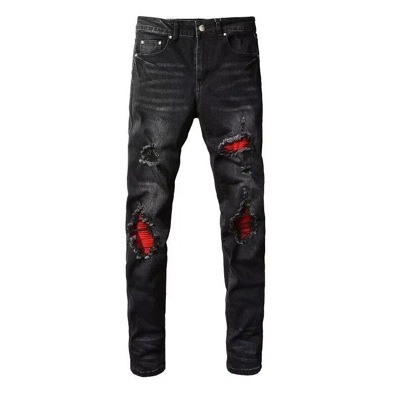 #M51 P168💰 AMIRI patch embroidery jeans trousers AMIRI high street basic ripped tight elastic jeans trousers amiri brand jeans break the production process and cutting of the original jeans, the fabrics are softer and more comfortable Hand-sewn collar label Customized logo buttons Genuine leather tag Color: Picture color Size: 30-32-34-36