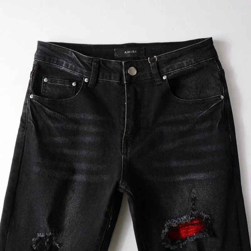 #M51 P168💰 AMIRI patch embroidery jeans trousers AMIRI high street basic ripped tight elastic jeans trousers amiri brand jeans break the production process and cutting of the original jeans, the fabrics are softer and more comfortable Hand-sewn collar label Customized logo buttons Genuine leather tag Color: Picture color Size: 30-32-34-36