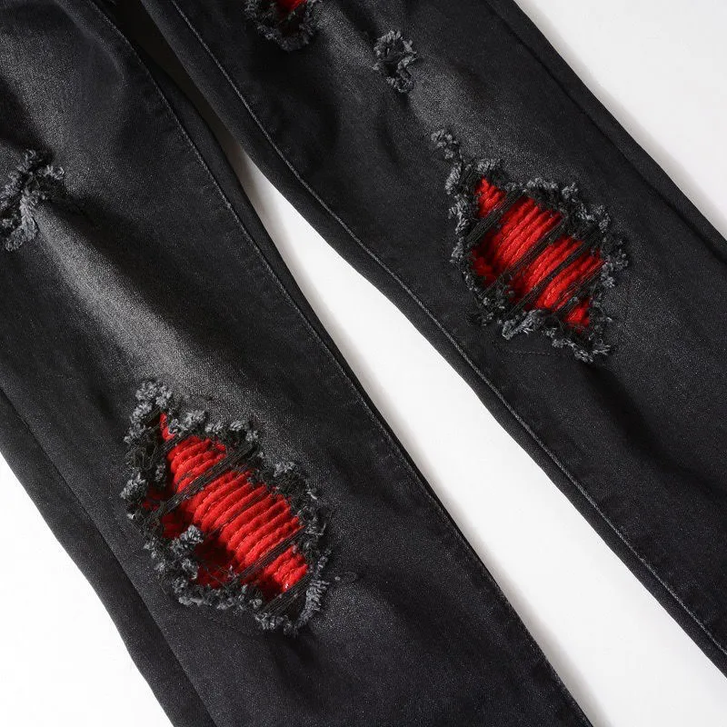 #M51 P168💰 AMIRI patch embroidery jeans trousers AMIRI high street basic ripped tight elastic jeans trousers amiri brand jeans break the production process and cutting of the original jeans, the fabrics are softer and more comfortable Hand-sewn collar label Customized logo buttons Genuine leather tag Color: Picture color Size: 30-32-34-36