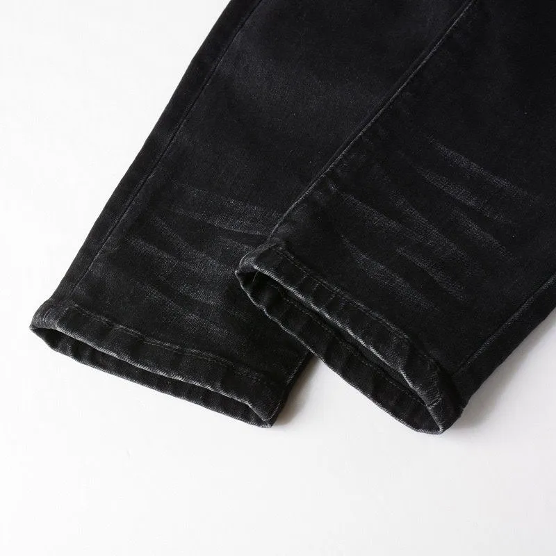 #M51 P168💰 AMIRI patch embroidery jeans trousers AMIRI high street basic ripped tight elastic jeans trousers amiri brand jeans break the production process and cutting of the original jeans, the fabrics are softer and more comfortable Hand-sewn collar label Customized logo buttons Genuine leather tag Color: Picture color Size: 30-32-34-36