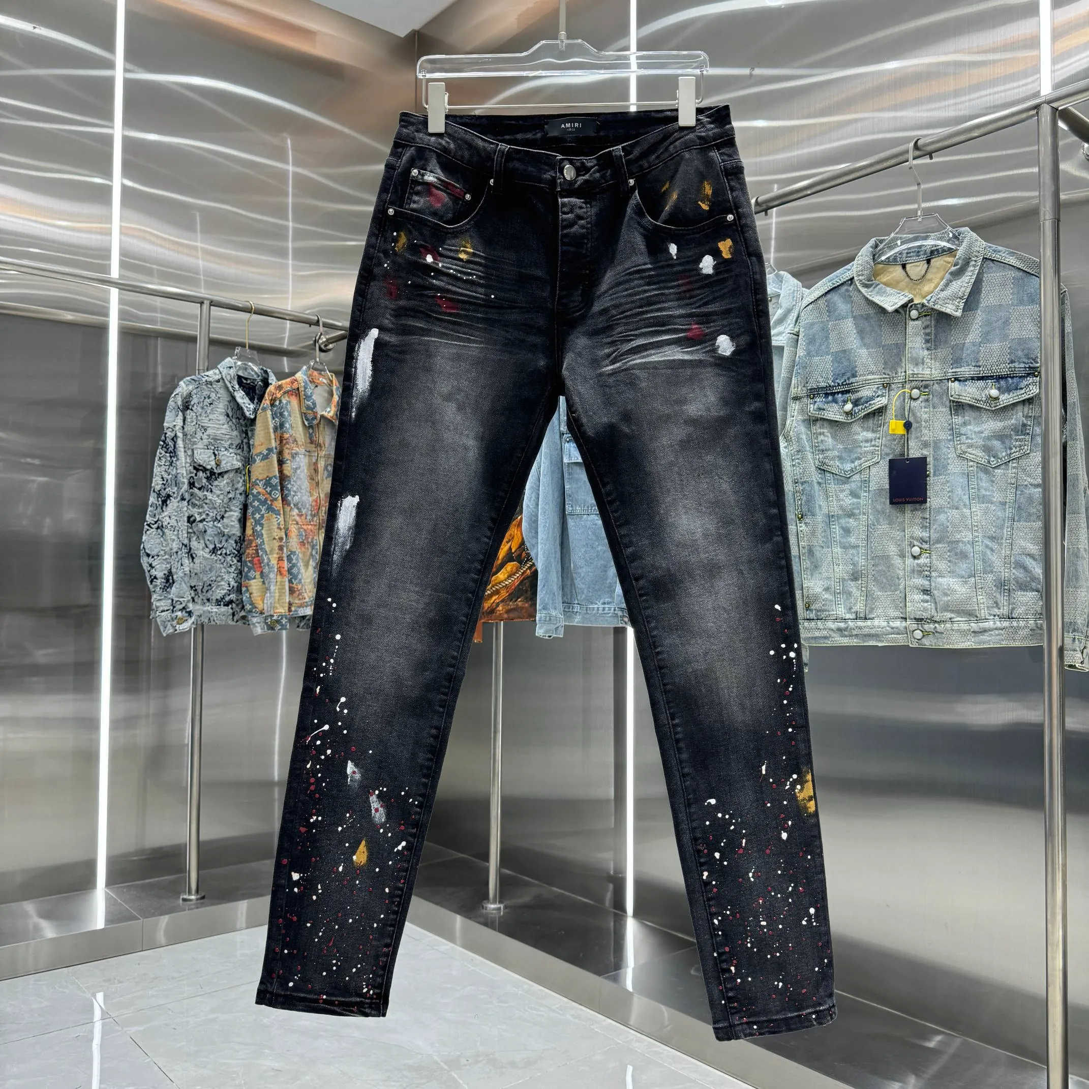 P290 Amiri colorful graffiti street fashion slim fit stretch jeans Color Black Size 30 32 34 36 38