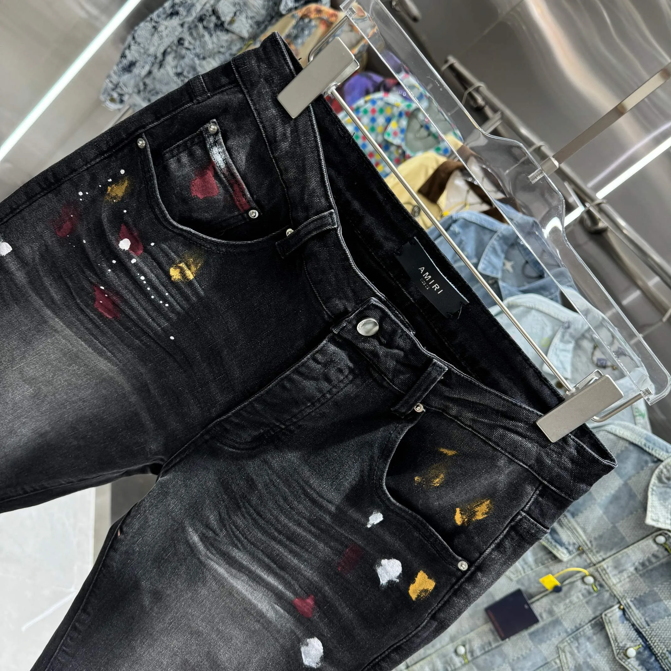 P290 Amiri colorful graffiti street fashion slim fit stretch jeans Color Black Size 30 32 34 36 38