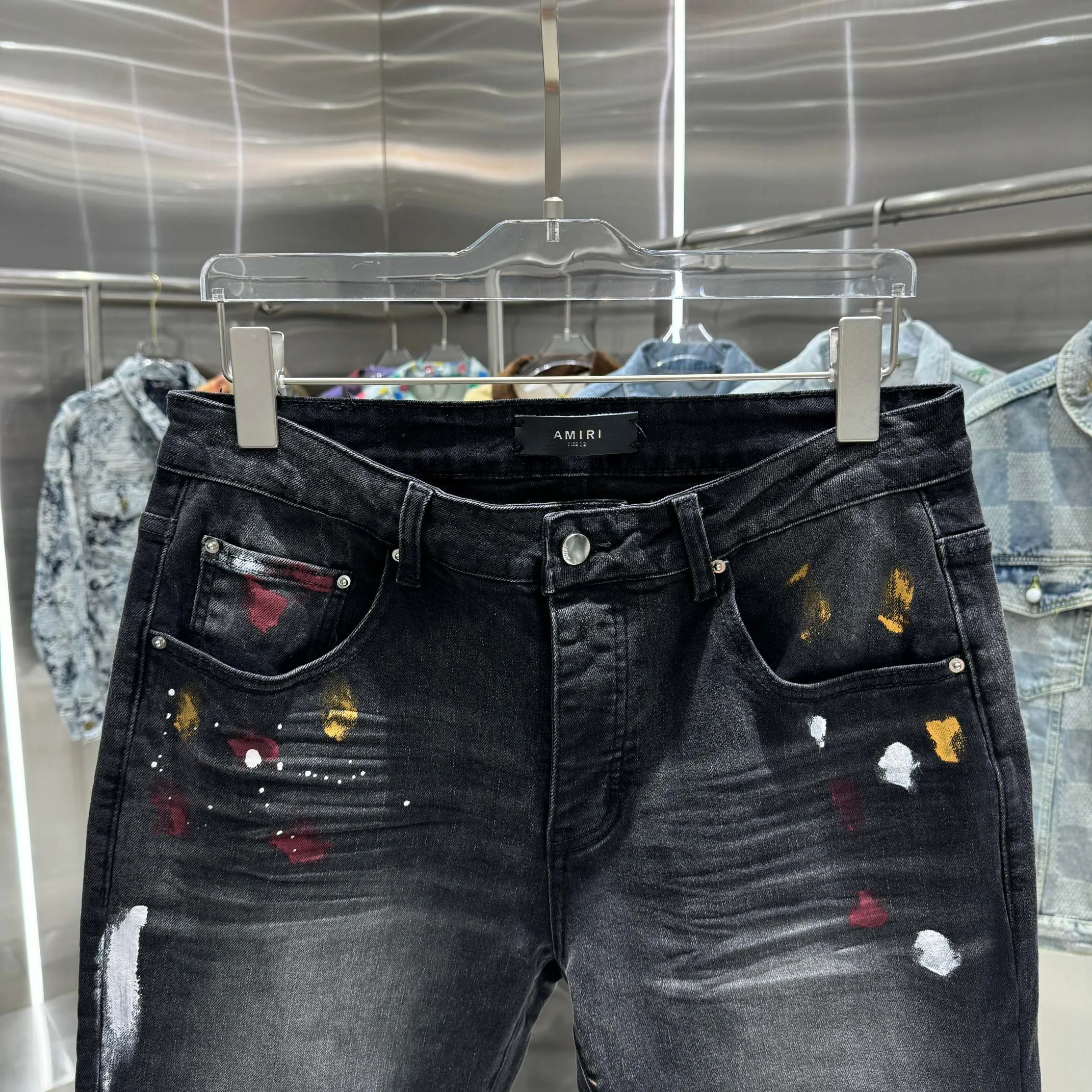 P290 Amiri colorful graffiti street fashion slim fit stretch jeans Color Black Size 30 32 34 36 38