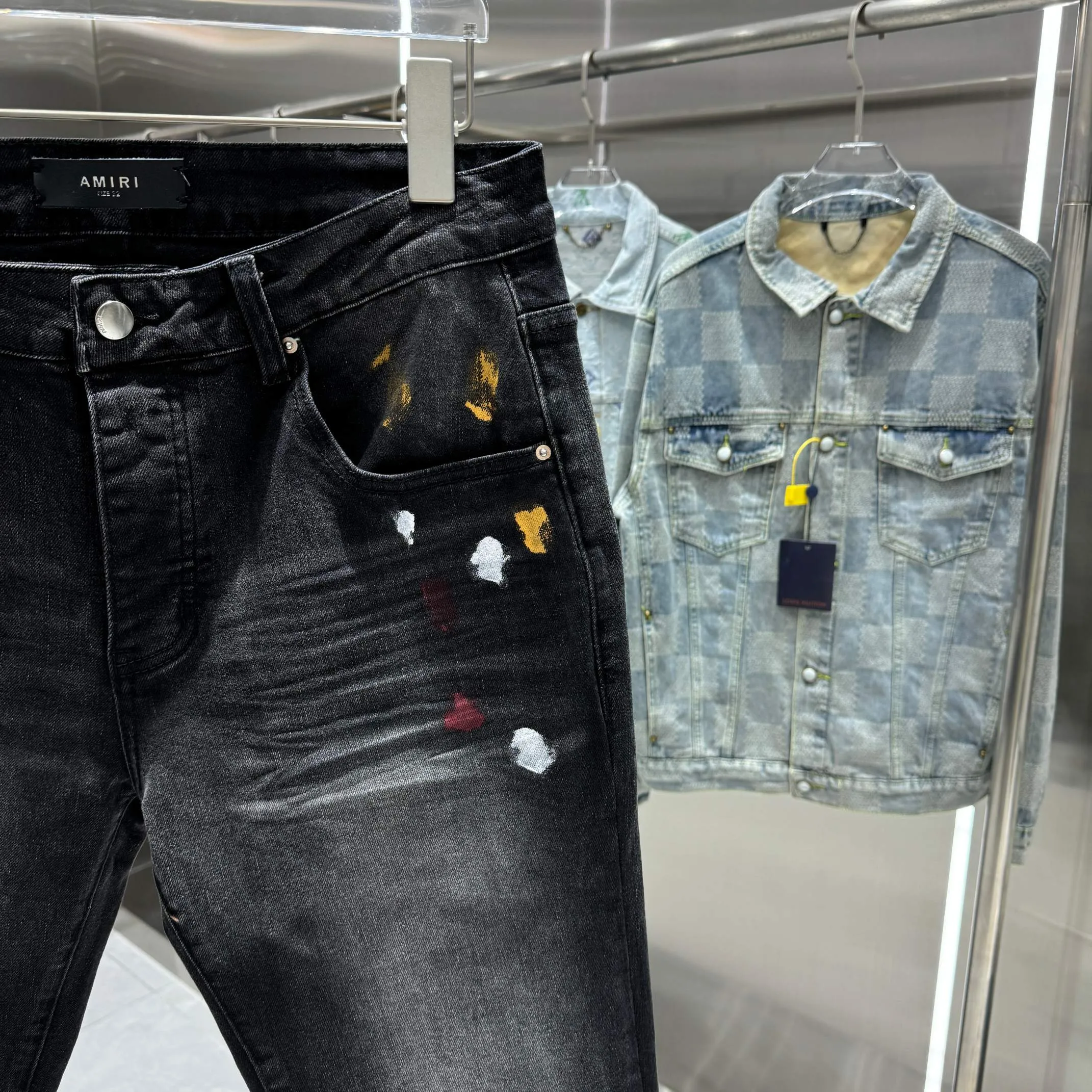P290 Amiri colorful graffiti street fashion slim fit stretch jeans Color Black Size 30 32 34 36 38