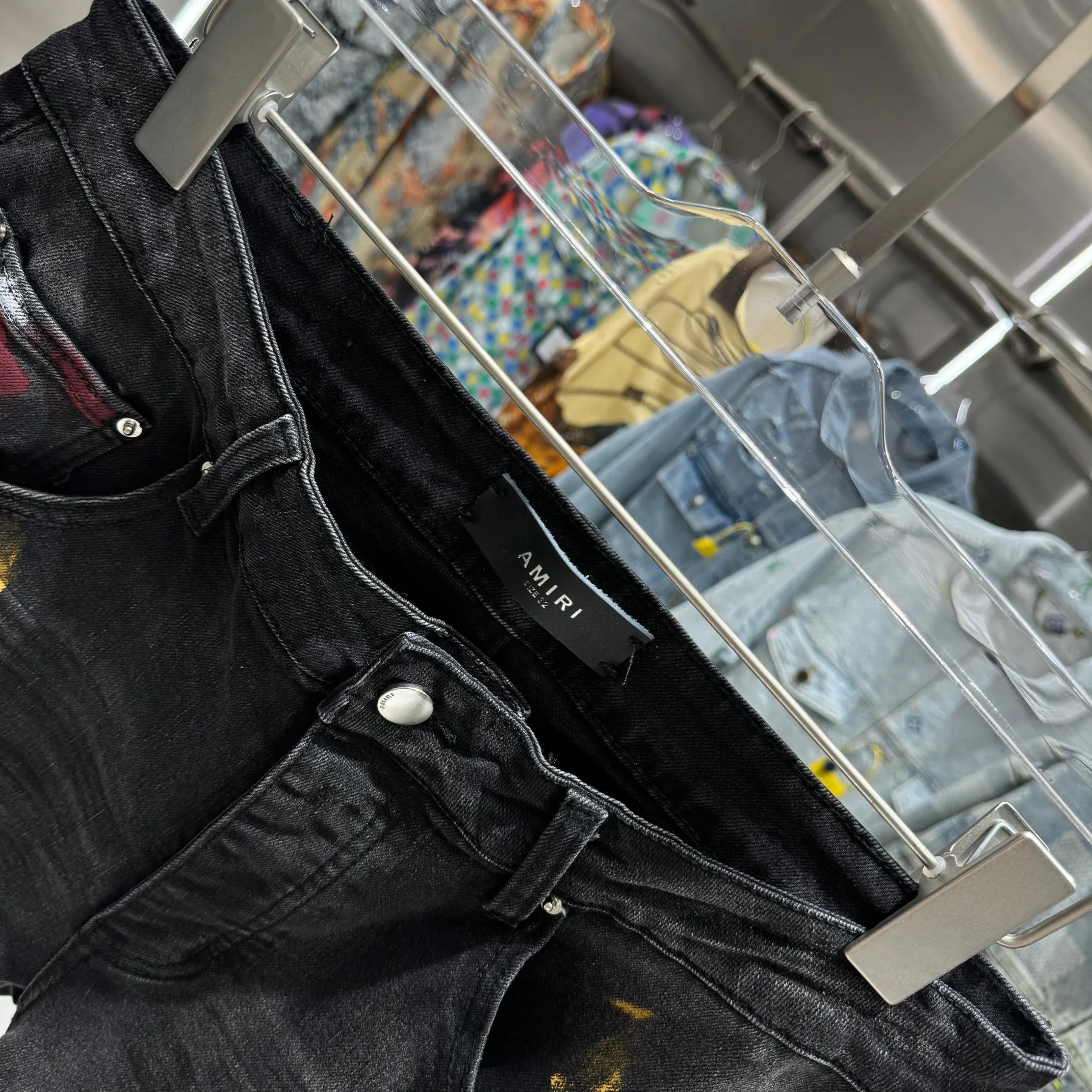 P290 Amiri colorful graffiti street fashion slim fit stretch jeans Color Black Size 30 32 34 36 38