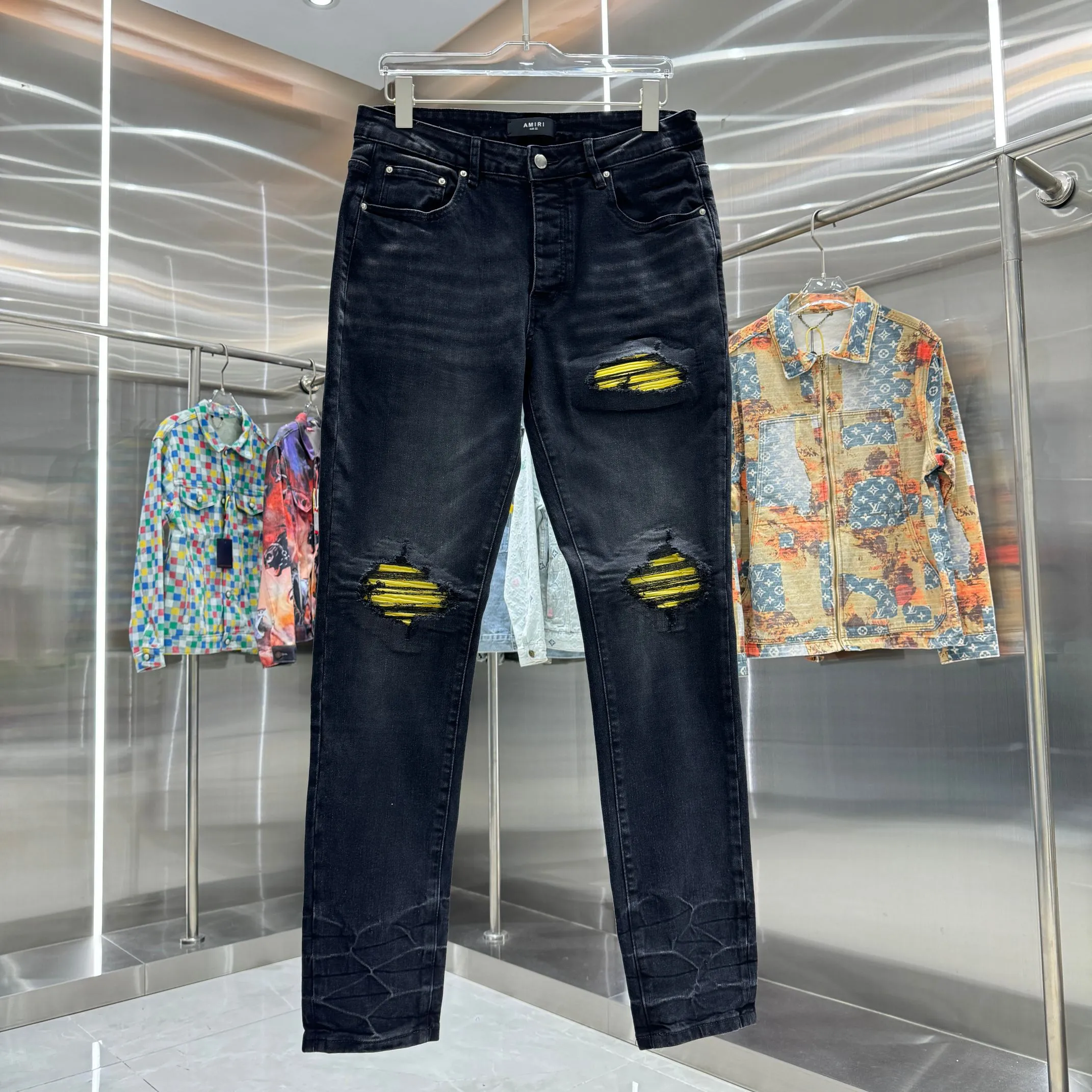 P280 Amiri ripped craft street fashion slim fit stretch jeans color black size 30 32 34 36 38