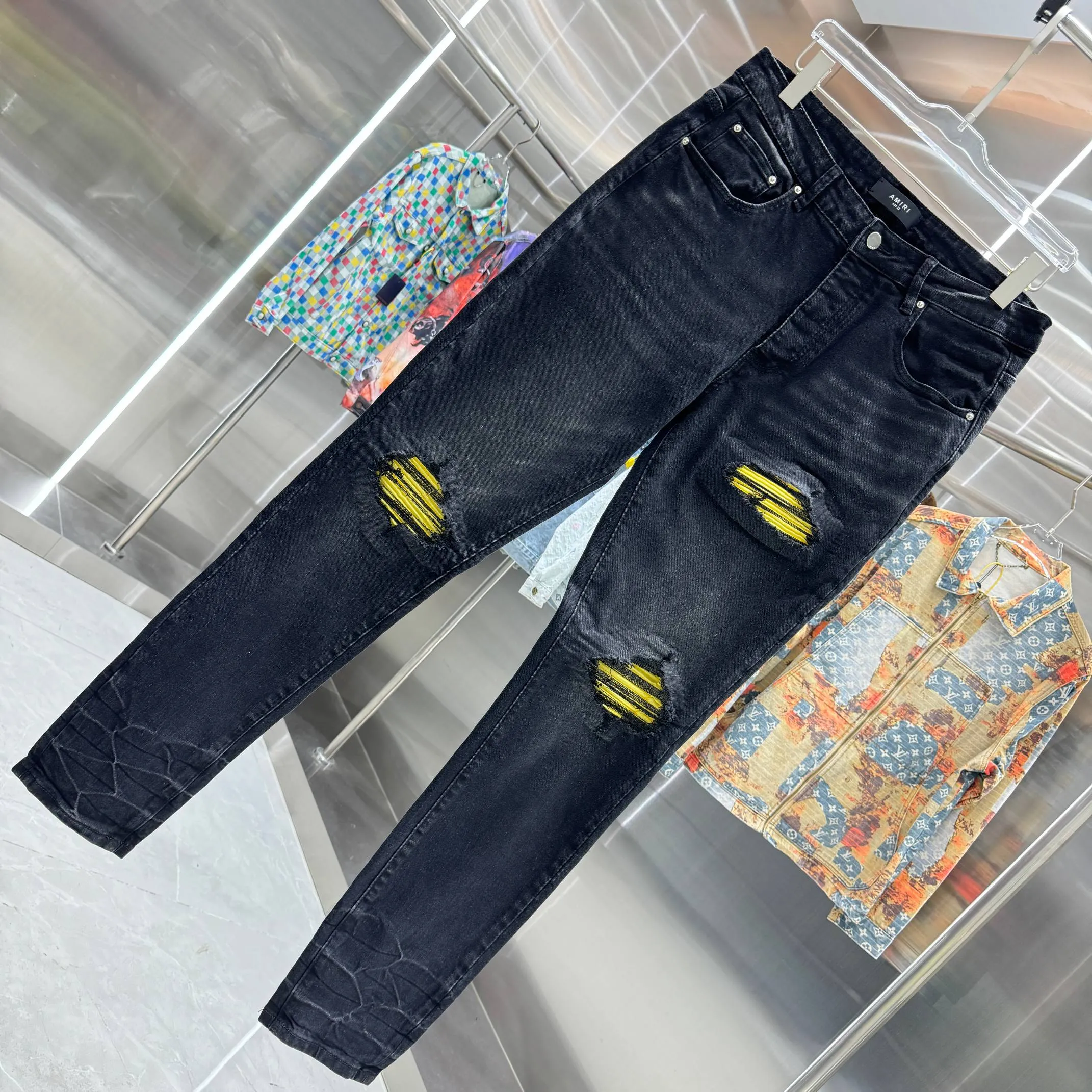 P280 Amiri ripped craft street fashion slim fit stretch jeans color black size 30 32 34 36 38