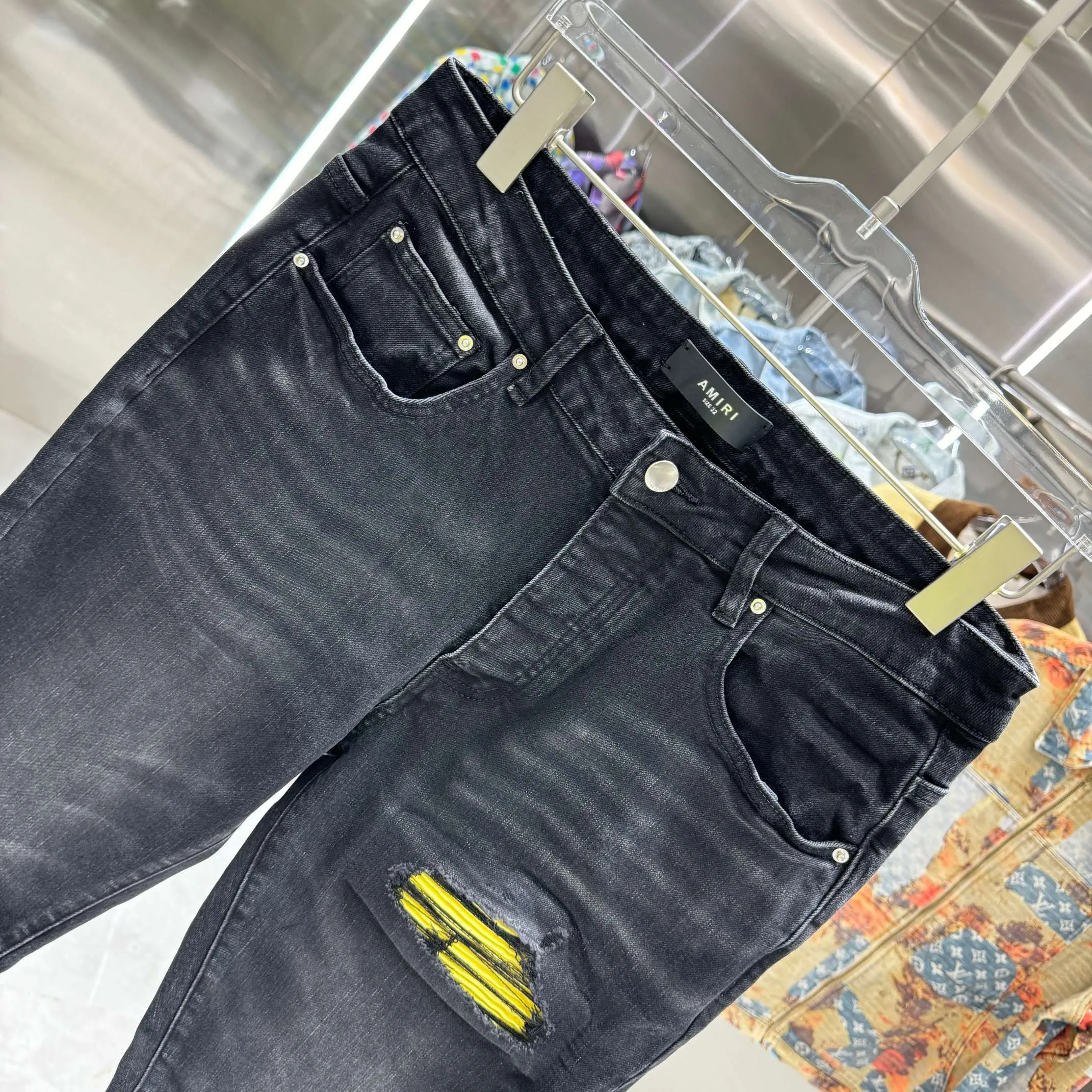 P280 Amiri ripped craft street fashion slim fit stretch jeans color black size 30 32 34 36 38