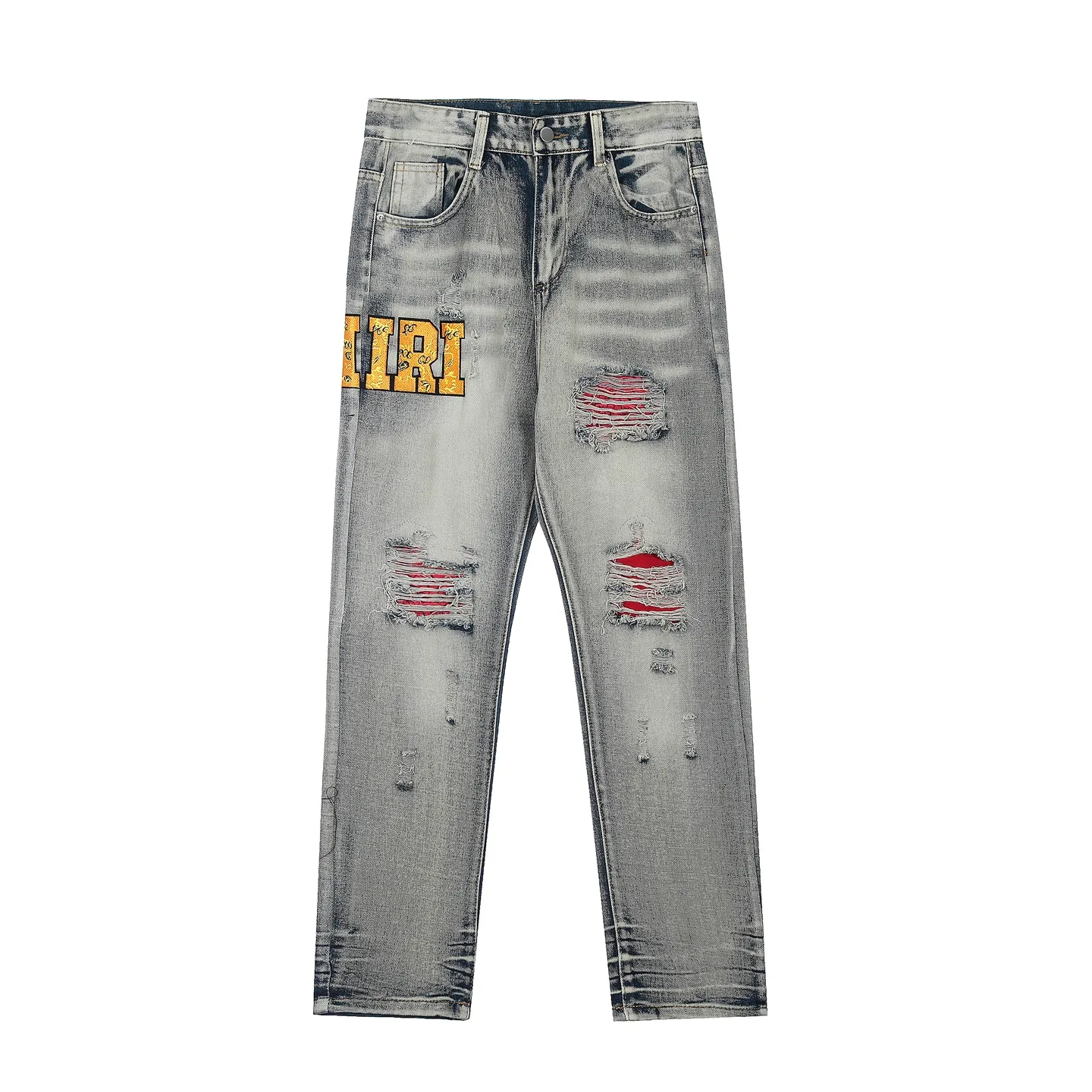 #M29 P168💰 Amiri’s classic embroidered patched leather ripped letter jeans. Slim fit jeans. Produced by a major washed factory. Full of high-end. Partial destruction of the knees with leather patch design. Already used as a facade design. Leather waist nameplate. The focus of this style is not on the washing, but on the destroyed shape and version. The secret lies in the craftsmanship of the master. The cost of post-processing, grinding, cutting, etc. is far beyond the cost of assembly line products. Color: Picture color Size: 30-32-34-36