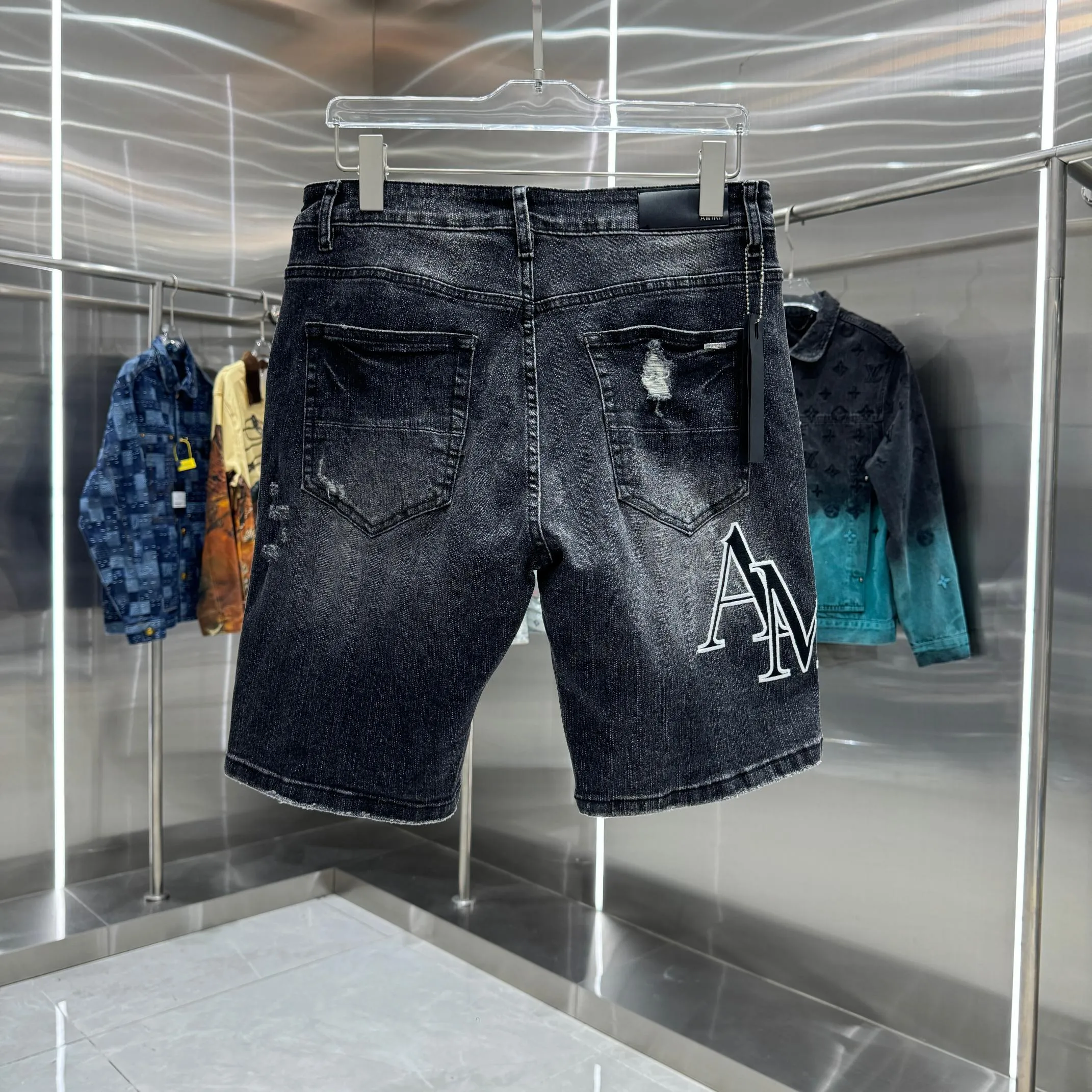 P260 Amiri ripped letter embroidery craft street fashion jeans shorts Color Black Size 30 32 34 36 38